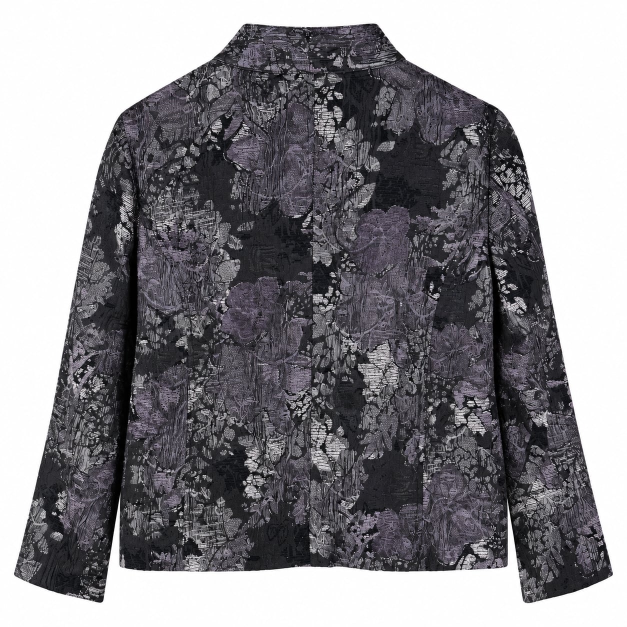 Chico's Jacquard Jacket Size 1 Black Gray Purple Floral Mandarin Collar 3