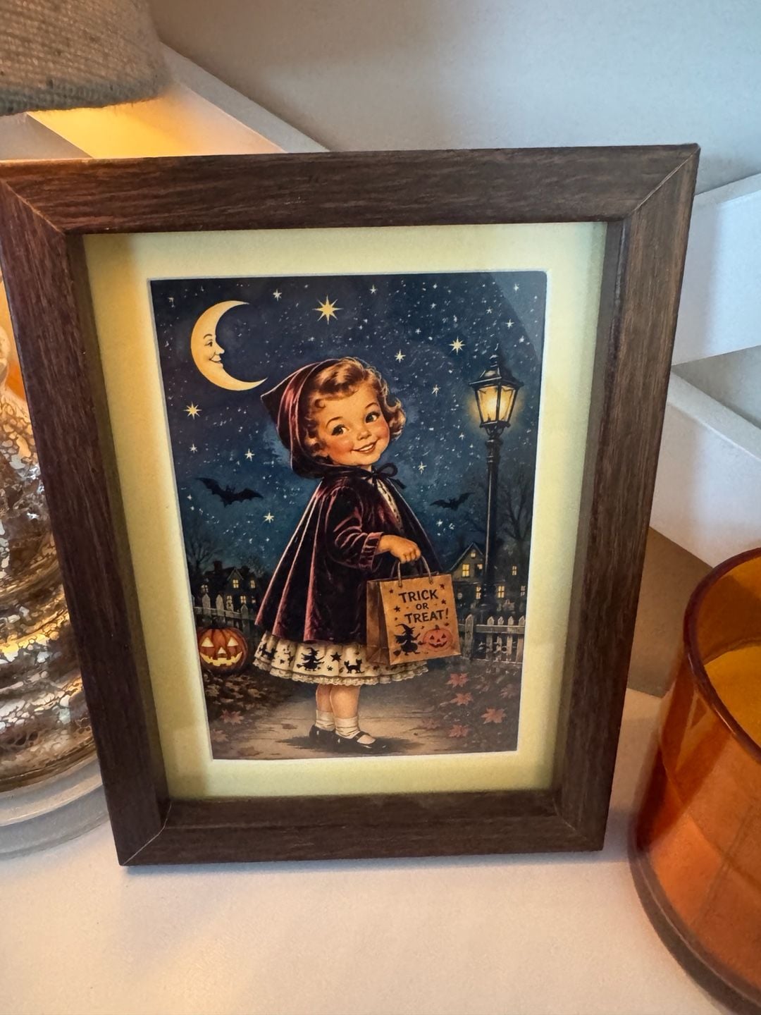 Vintage Style Halloween Trick or Treat Girl Framed Art Print 1