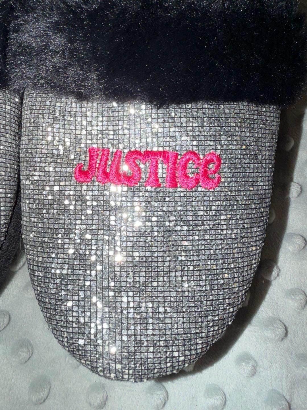 Justice Scuff Slippers Size 6 Black Silver Glitter Pink Logo Faux Fur 3