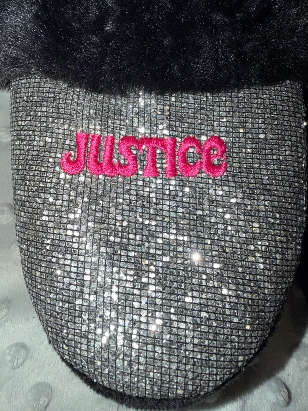Justice Scuff Slippers Size 6 Black Silver Glitter Pink Logo Faux Fur 4