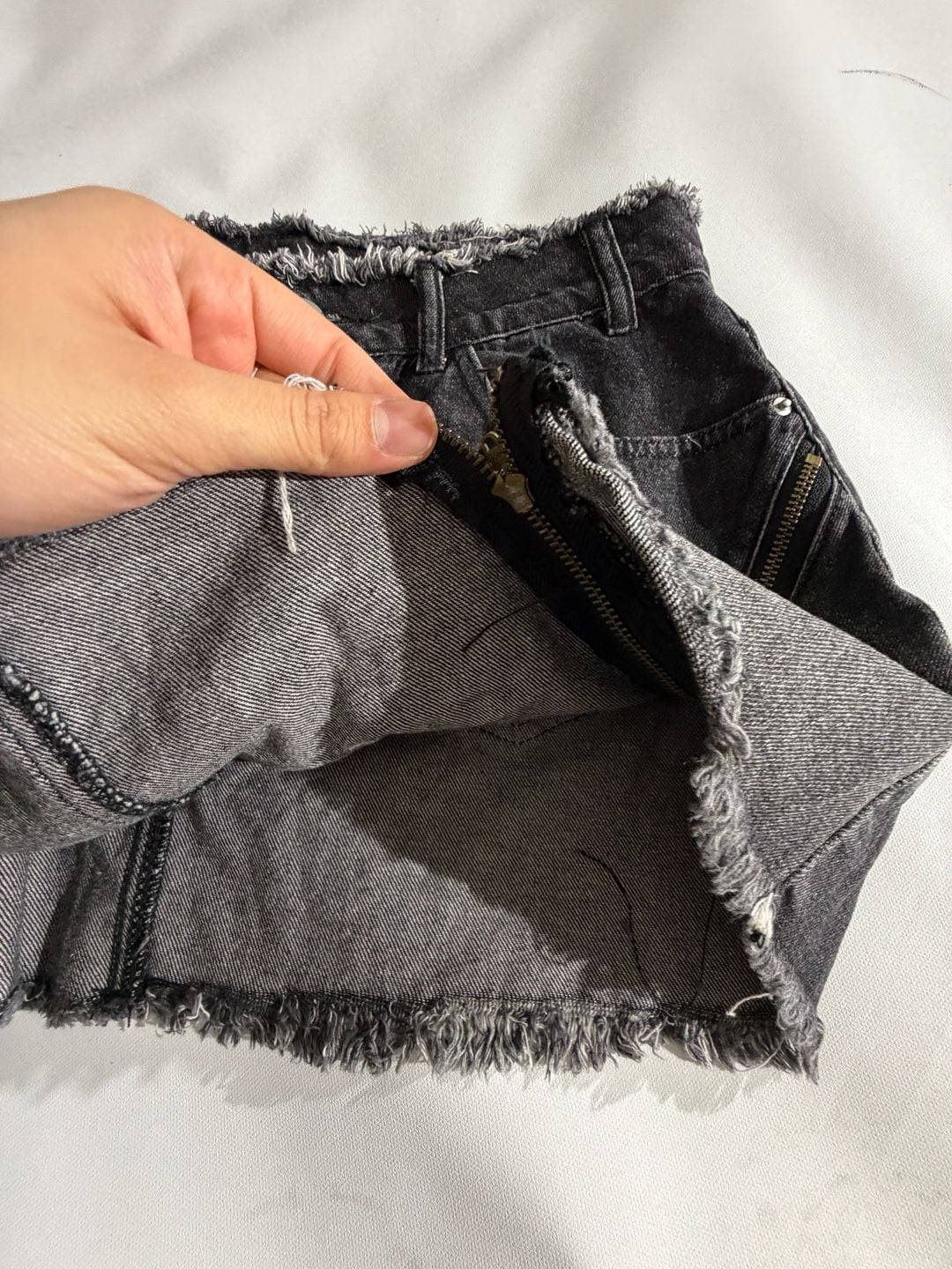 SHEIN Black Washed Denim Skort Frayed Hem Zipper Size L 8/10 7
