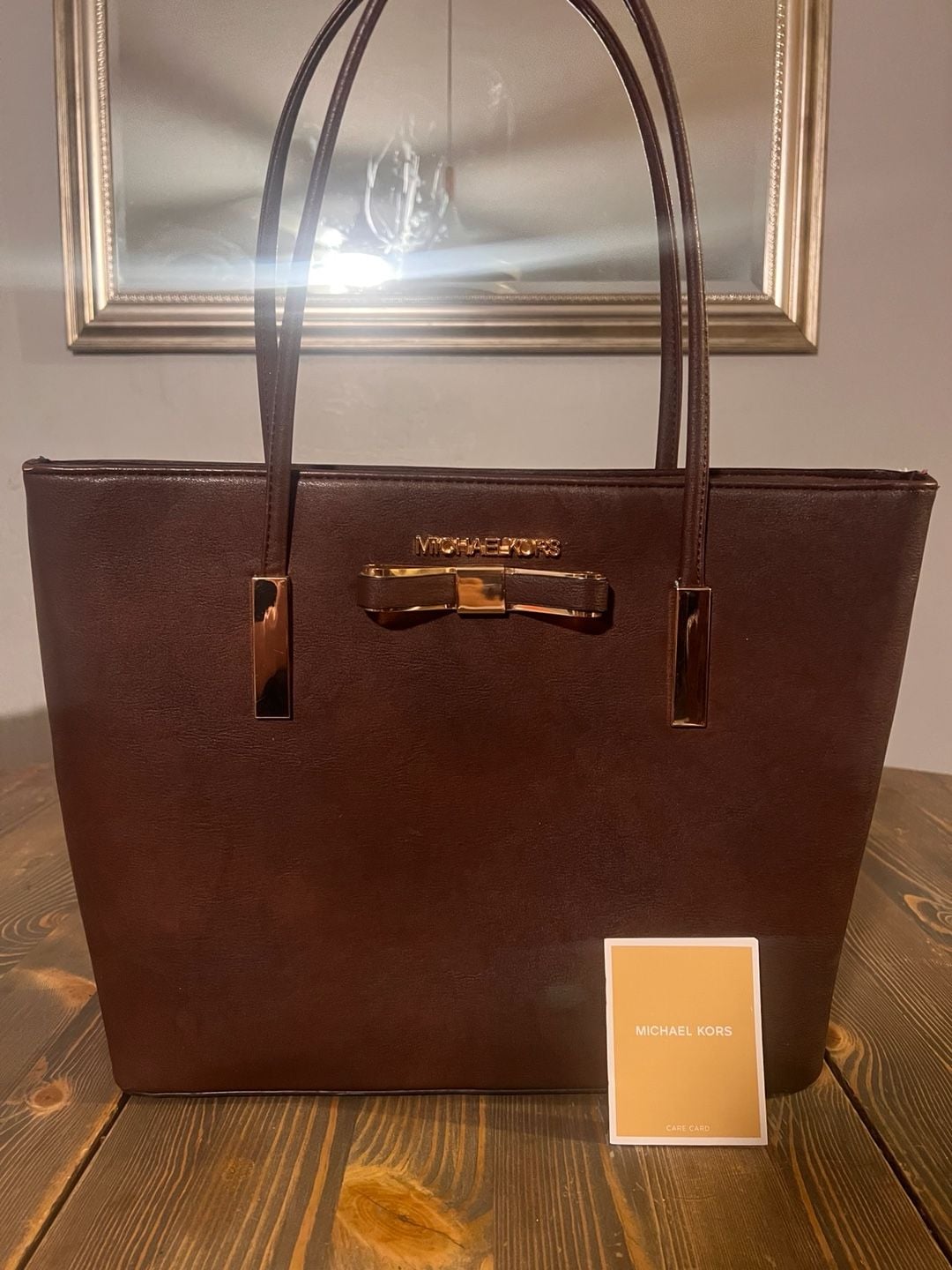 Michael Kors Bow Tote Bag Brown Faux Leather Shoulder Handbag 2