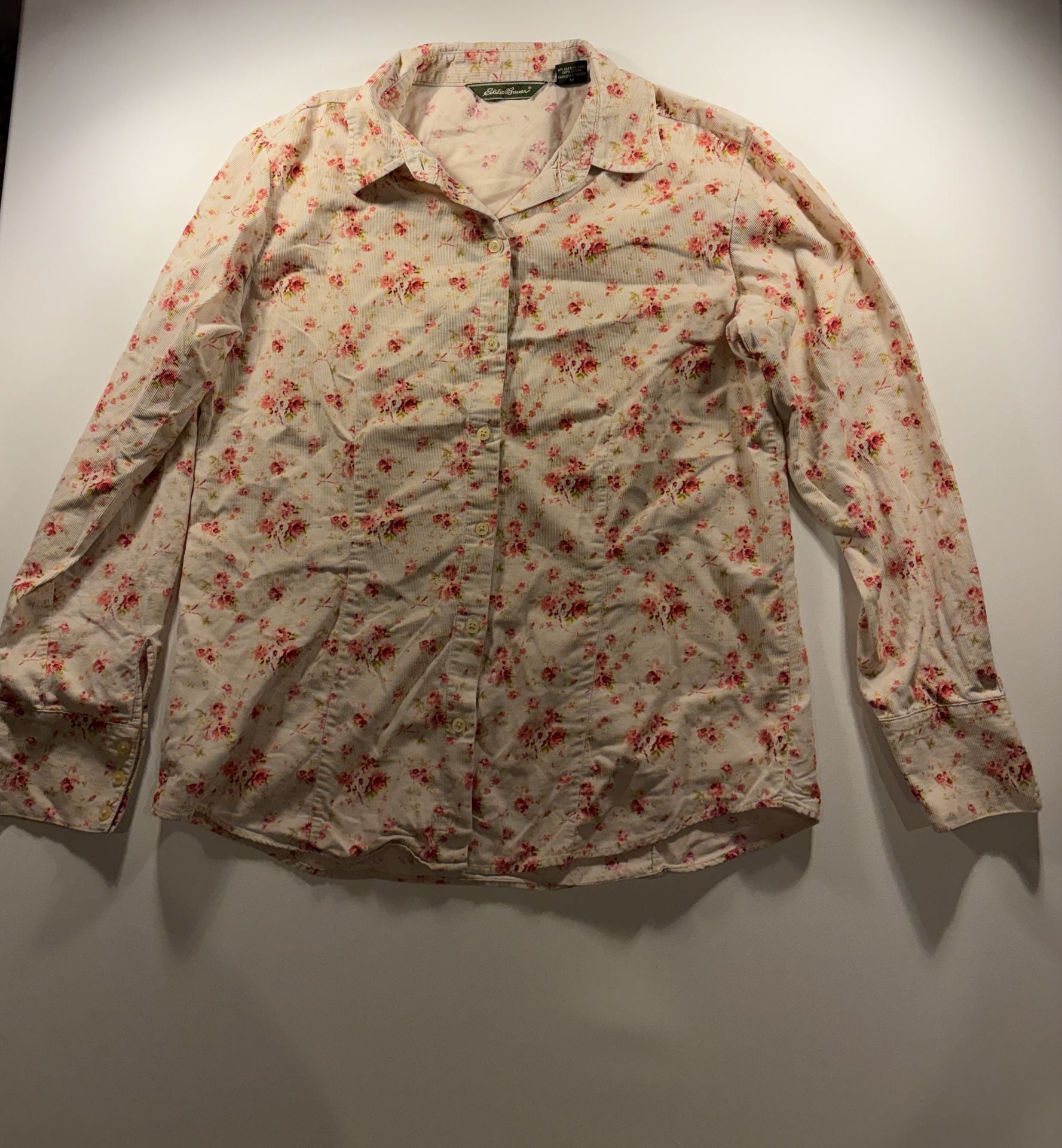 Eddie Bauer Corduroy Floral Button Down Shirt Size M Pink Cream 2
