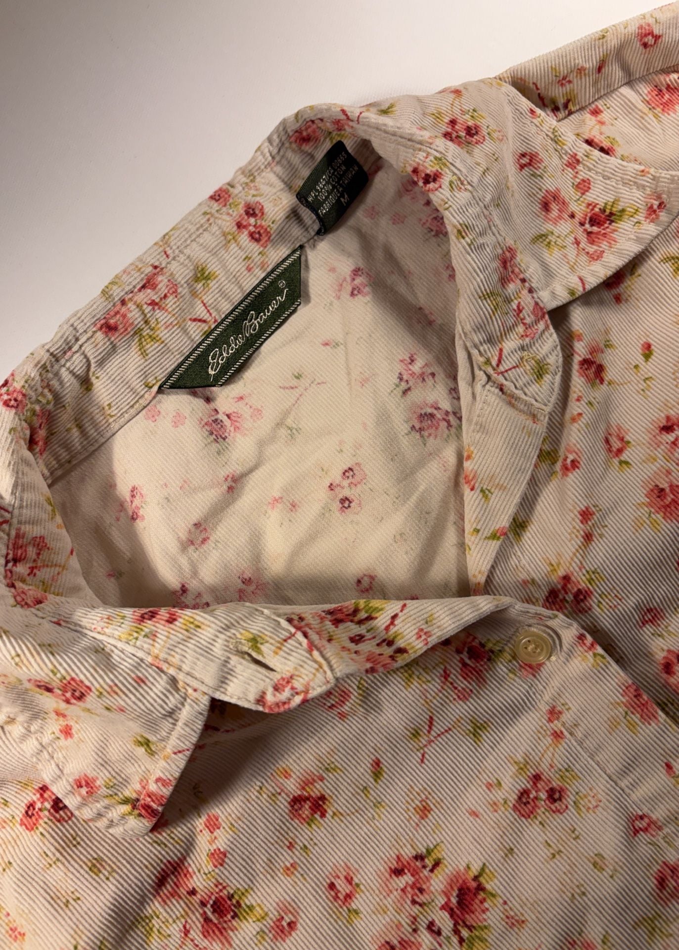 Eddie Bauer Corduroy Floral Button Down Shirt Size M Pink Cream 3