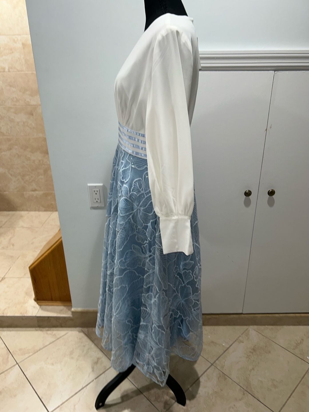 Eshet Chayil Dress White Blue Floral Lace Long Sleeve Maxi 7