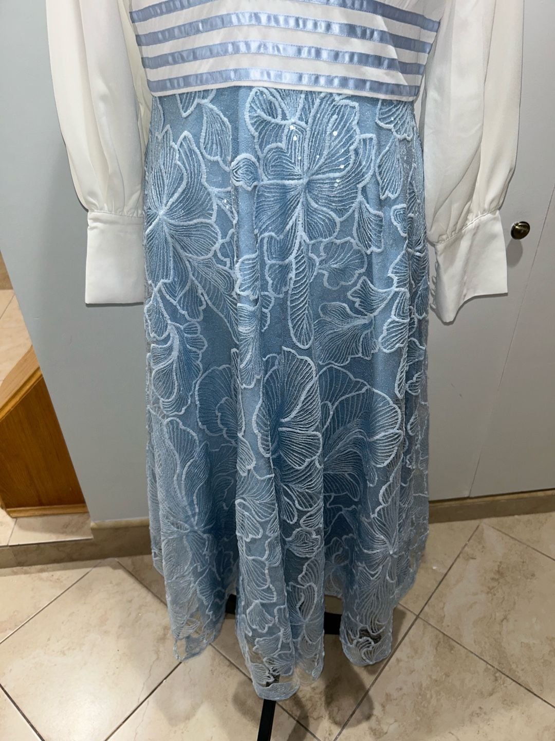 Eshet Chayil Dress White Blue Floral Lace Long Sleeve Maxi 8