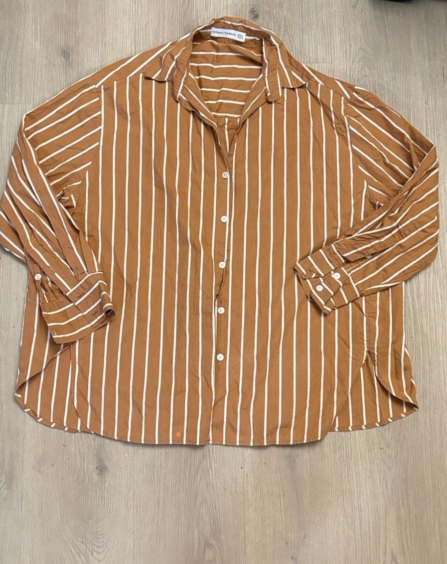 Faithfull The Brand Daija Button Down Maya Striped Shirt Size XS Brown 3