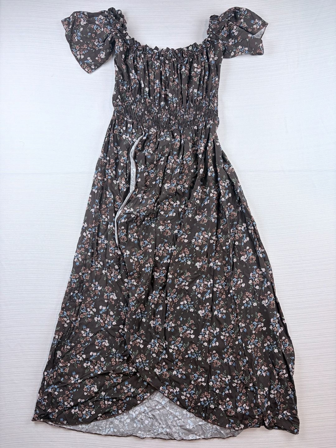 Made In Italy Floral Maxi Dress Brown Off Shoulder Size M 2