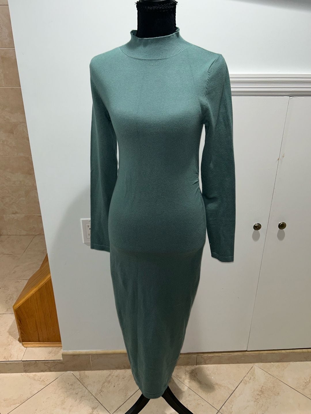 SHEIN Mock Neck Sweater Dress Size M Green Long Sleeve Midi 2