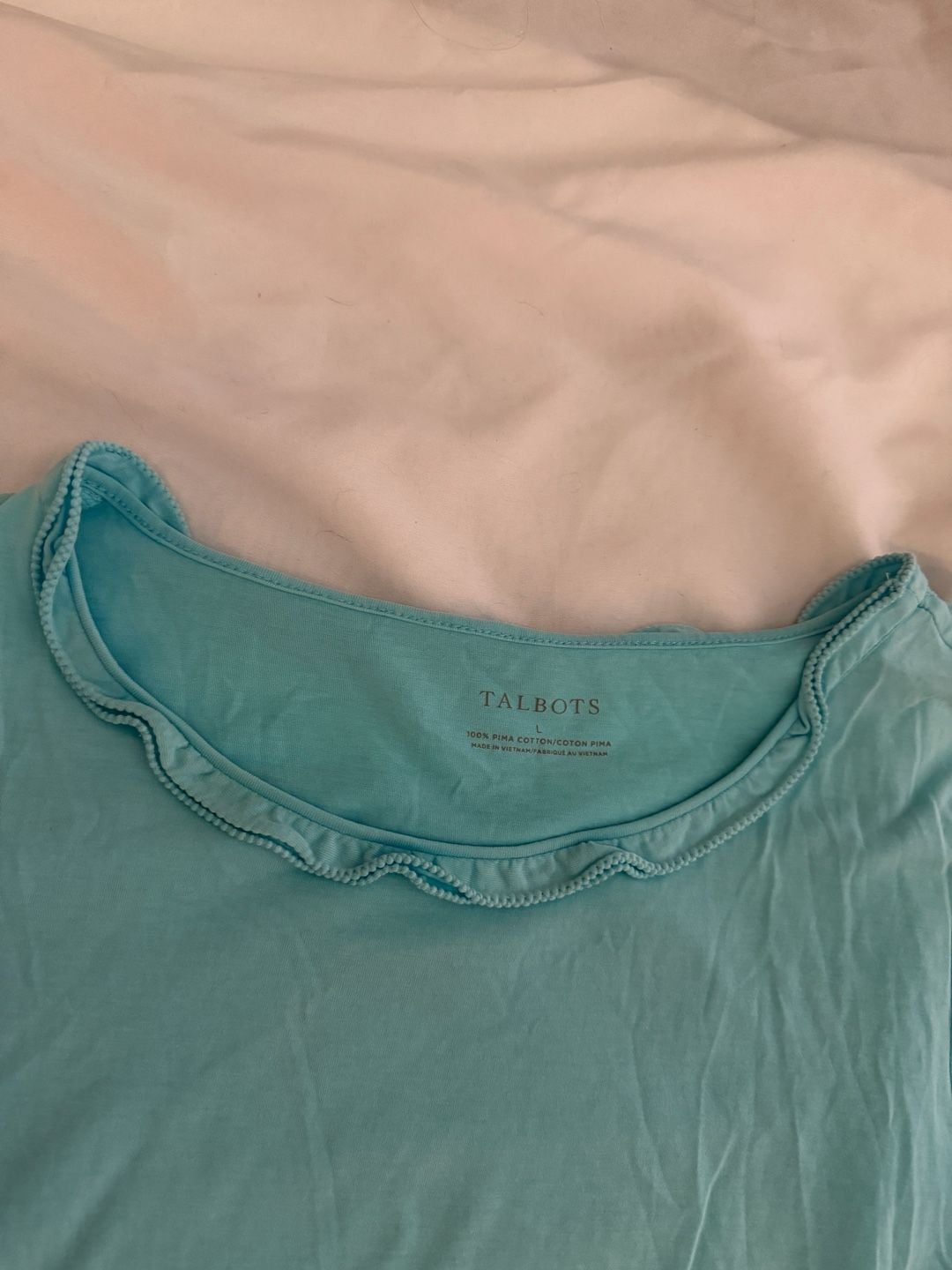 Talbots Scallop Neck T-Shirt Size L Light Blue Cotton Short Sleeve 6