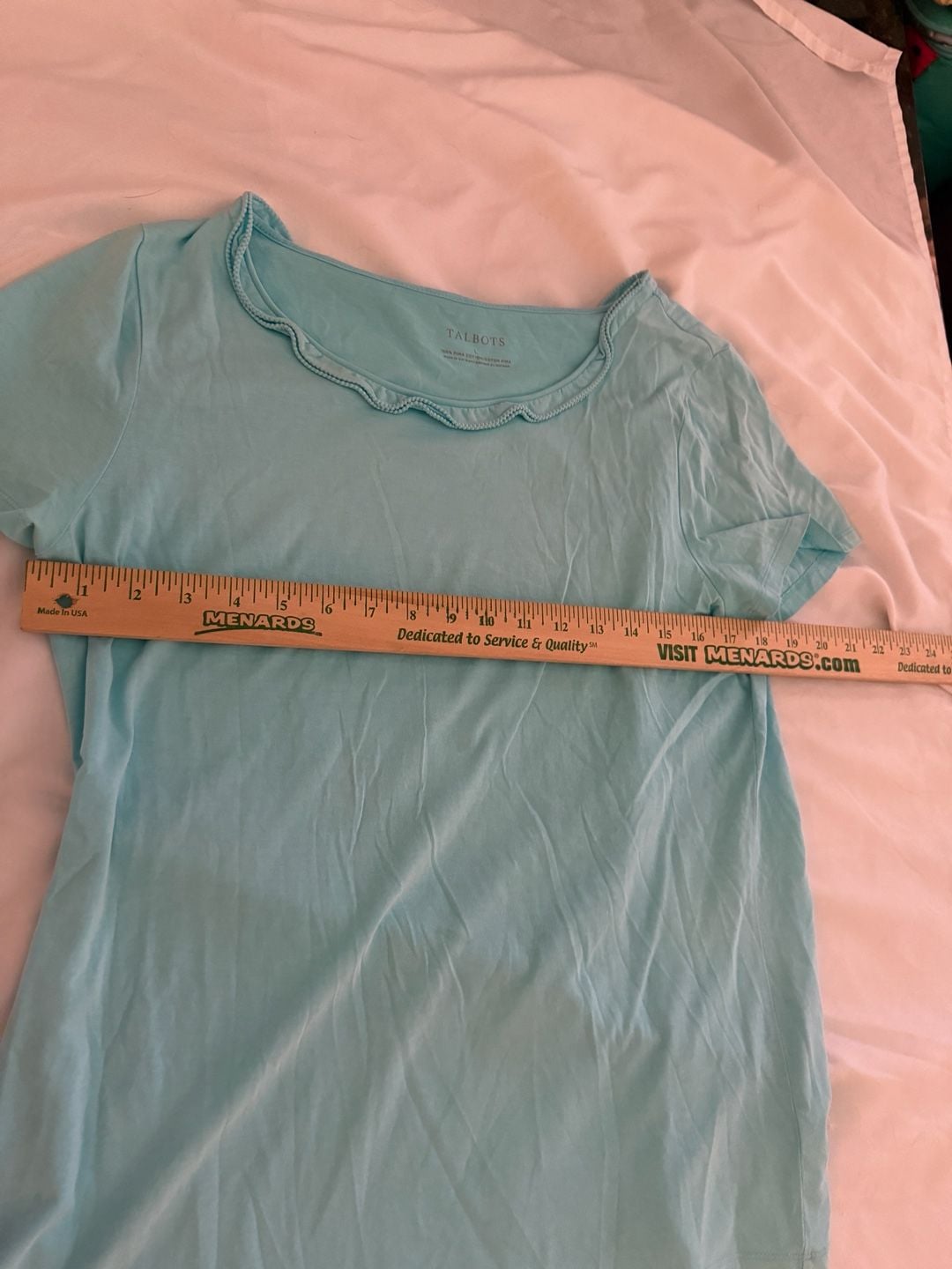 Talbots Scallop Neck T-Shirt Size L Light Blue Cotton Short Sleeve 7
