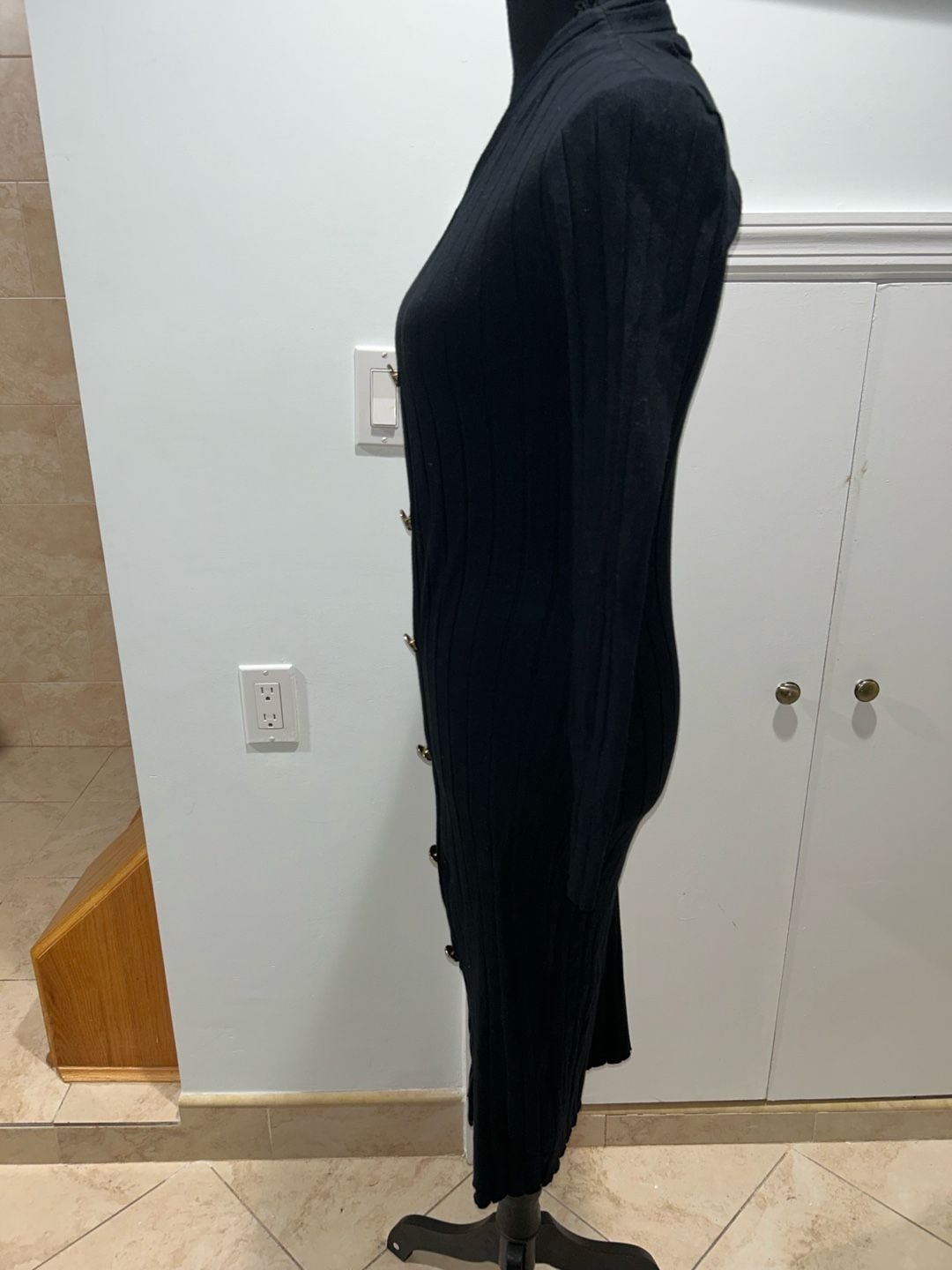 Zara Ribbed Knit Midi Dress Size S Black Gold Buttons Long Sleeve 6