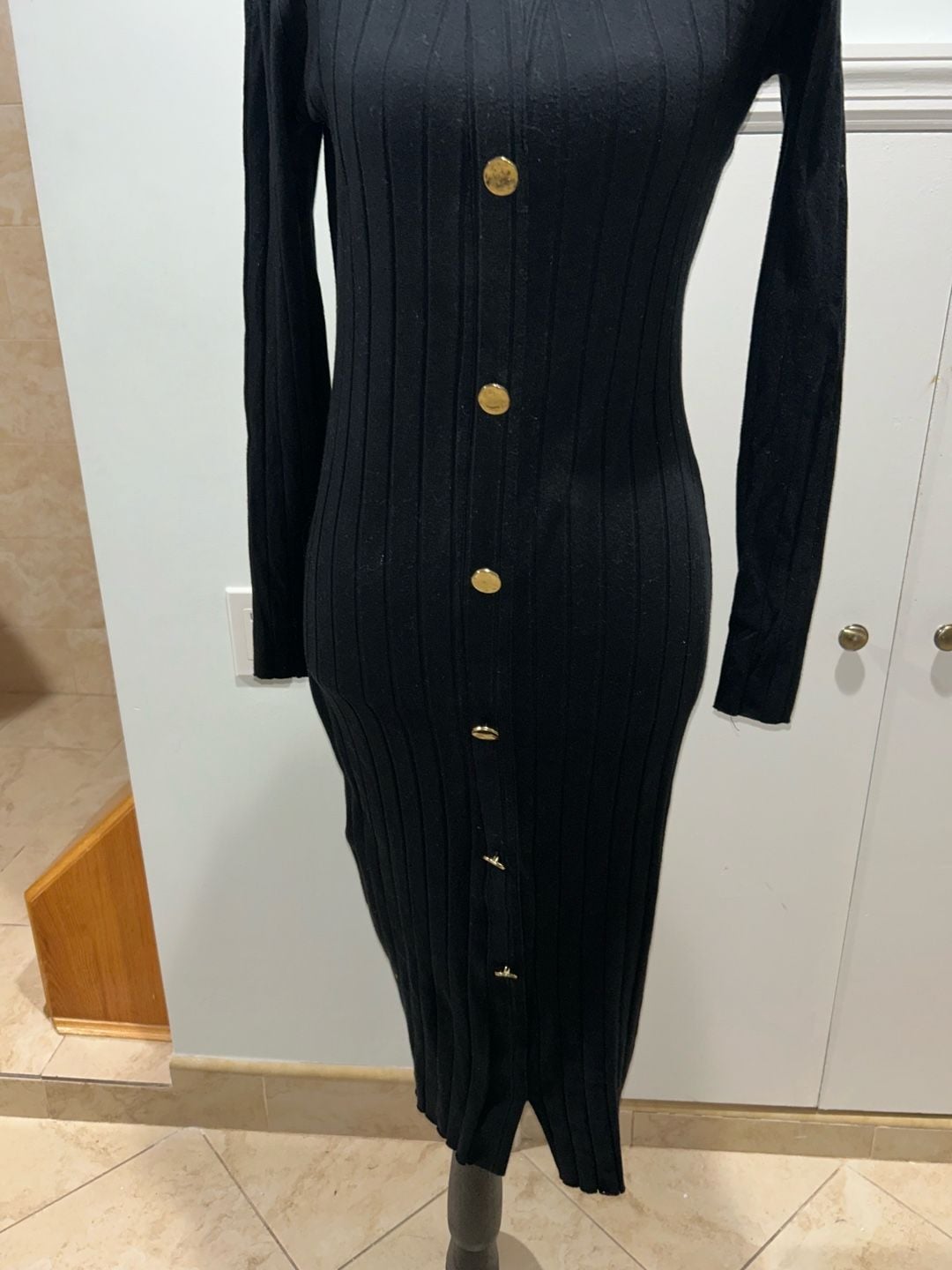 Zara Ribbed Knit Midi Dress Size S Black Gold Buttons Long Sleeve 7
