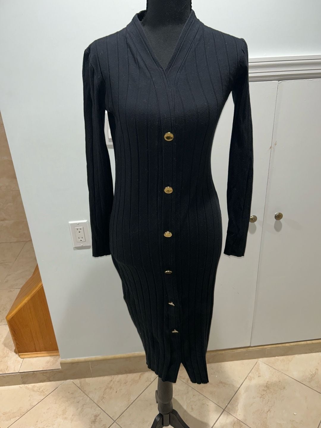 Zara Ribbed Knit Midi Dress Size S Black Gold Buttons Long Sleeve 2