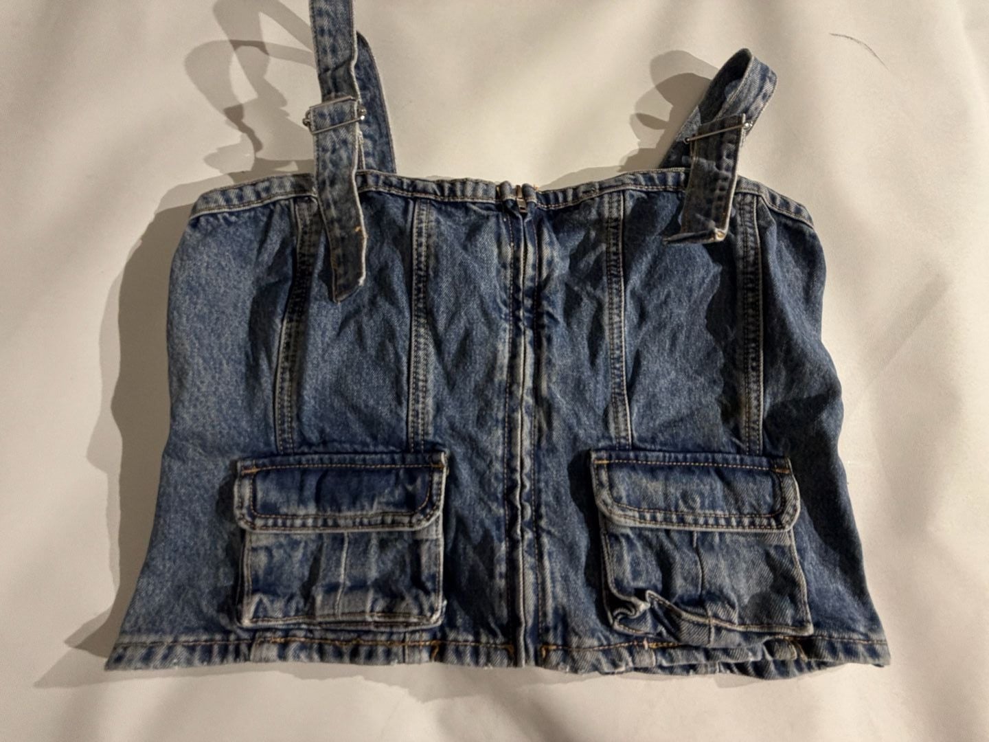 ZARA Denim Cargo Top Corset Buckle Straps Blue Size XL 2