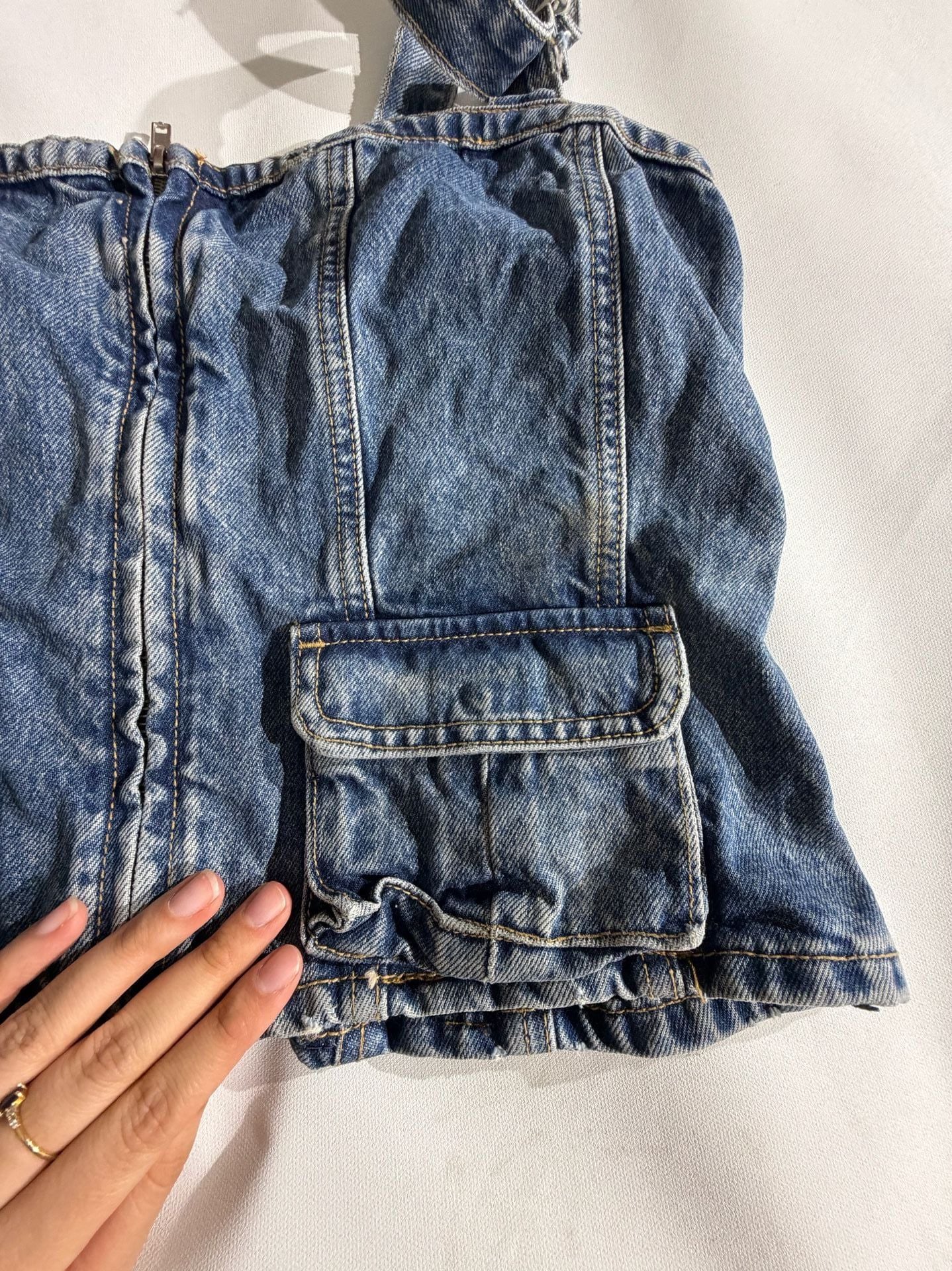 ZARA Denim Cargo Top Corset Buckle Straps Blue Size XL 6