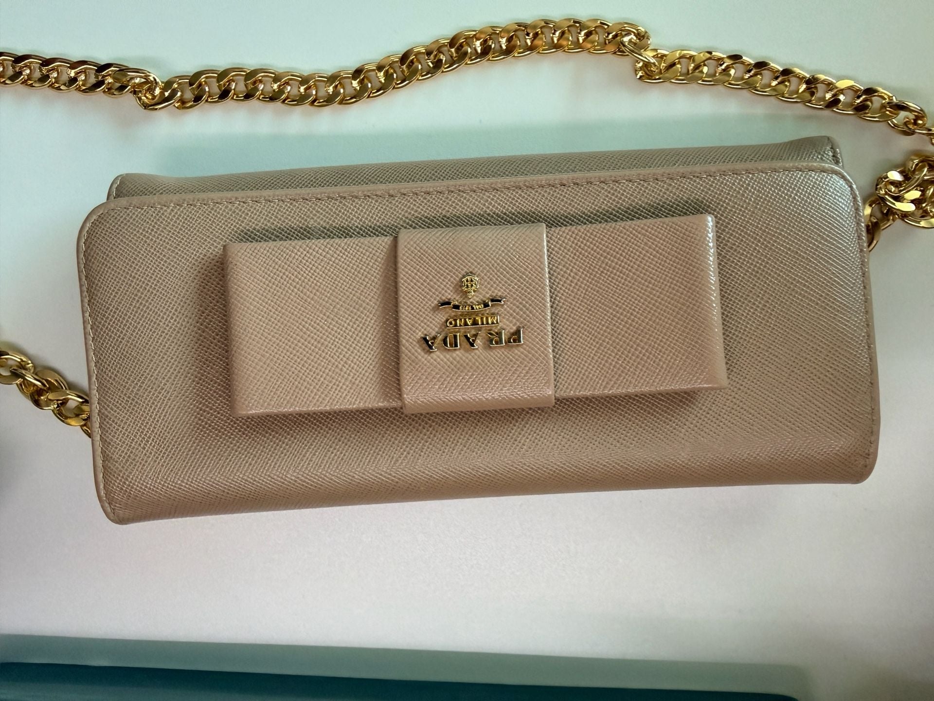 Prada Saffiano Fiocco Bow Long Wallet Chain Beige 4