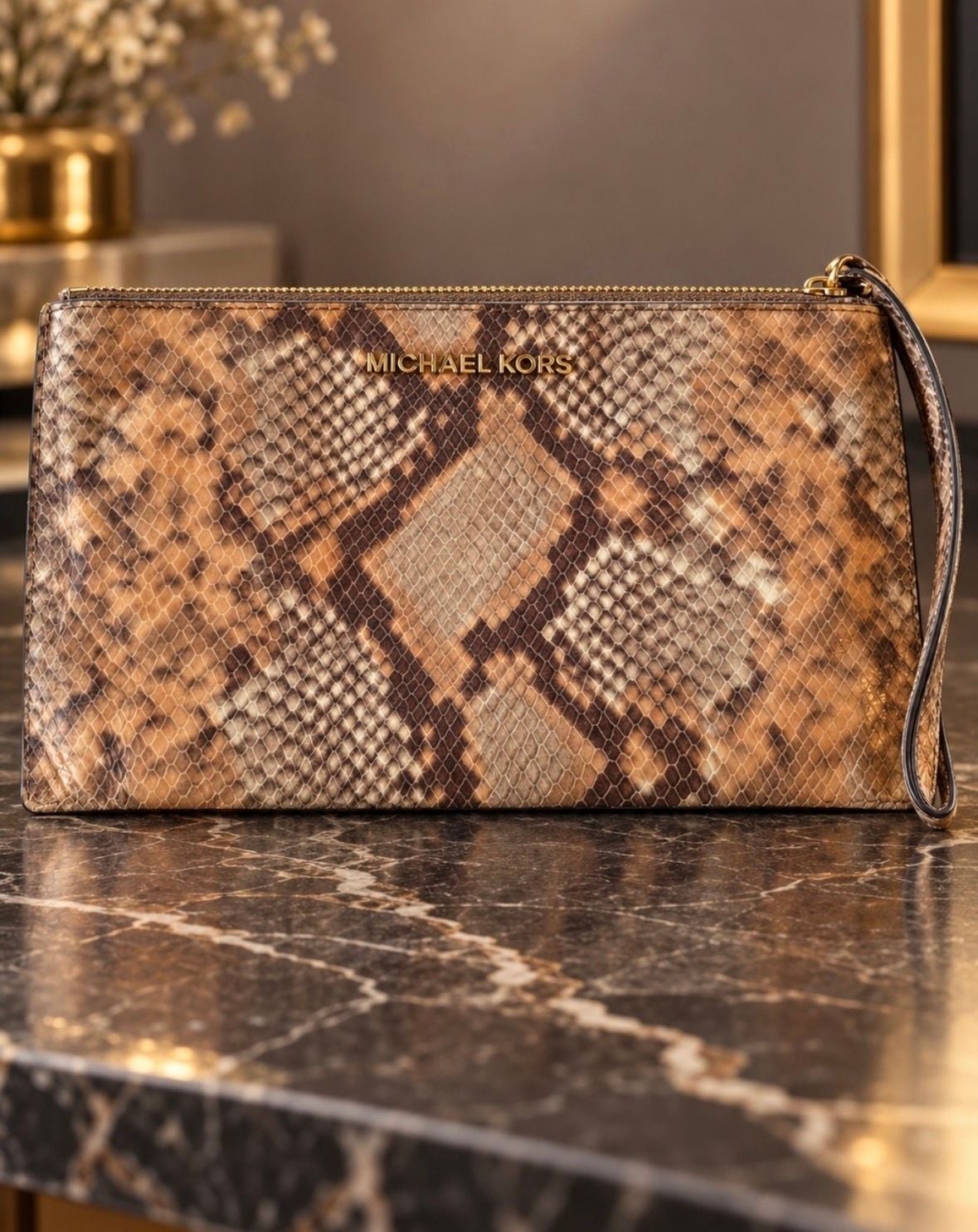 Michael Kors Jet Set Item Lg Zip Clutch Embossed Leather Peanut 2