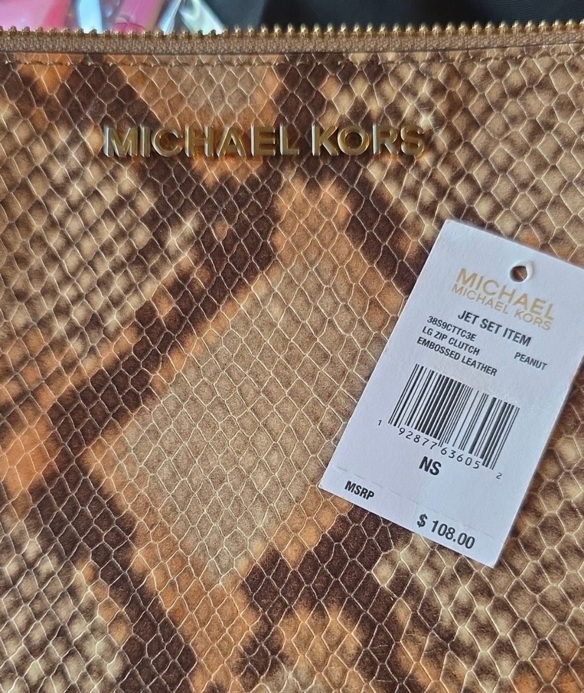 Michael Kors Jet Set Item Lg Zip Clutch Embossed Leather Peanut 4