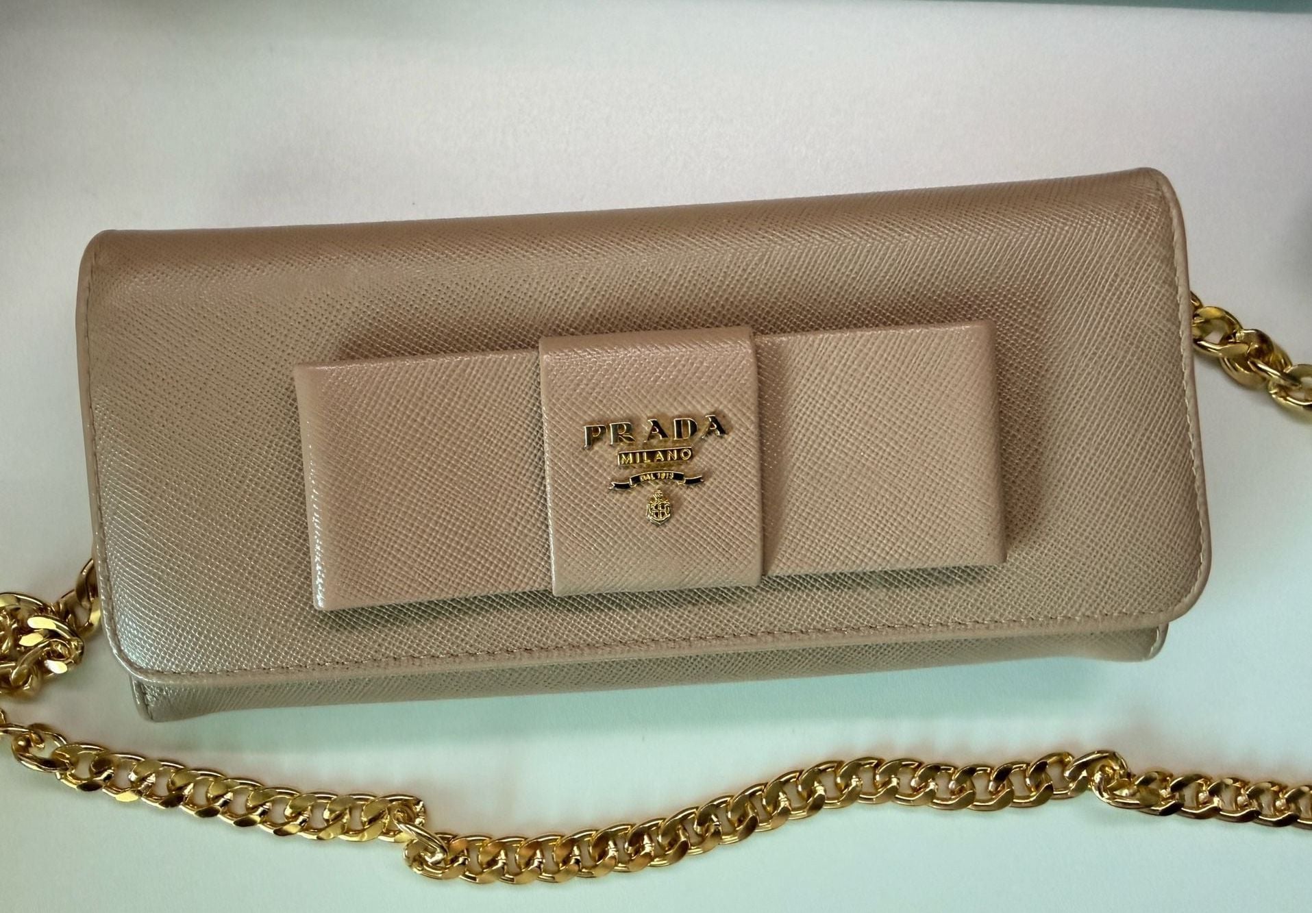 Prada Saffiano Fiocco Bow Long Wallet Chain Beige 2