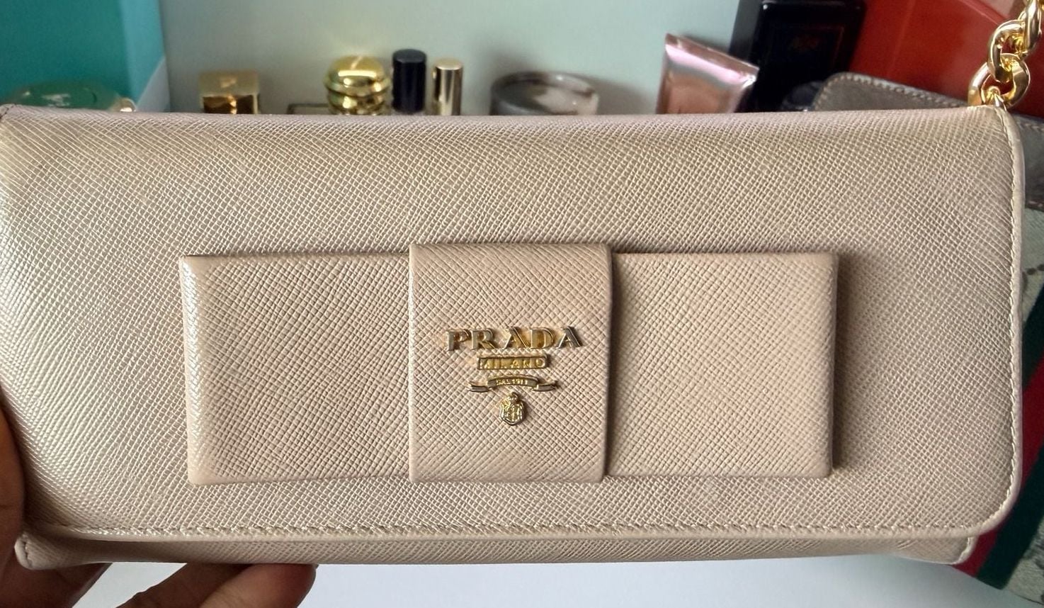 Prada Saffiano Fiocco Bow Long Wallet Chain Beige 3