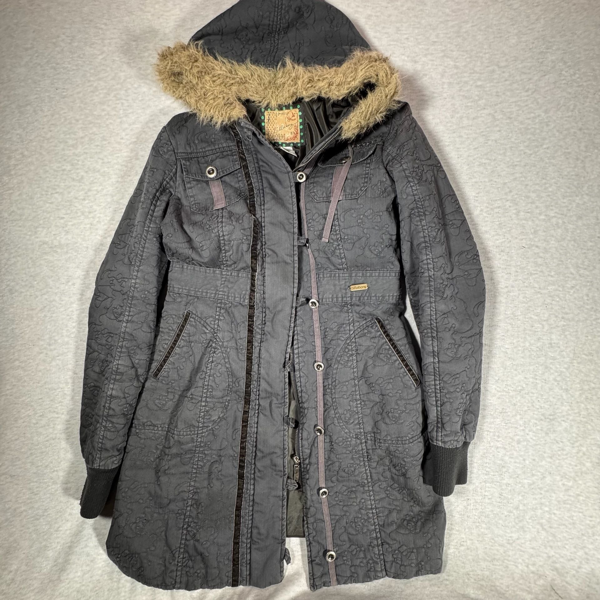 Billabong Quilted Hooded Parka Jacket Size M Gray Faux Fur Trim 2