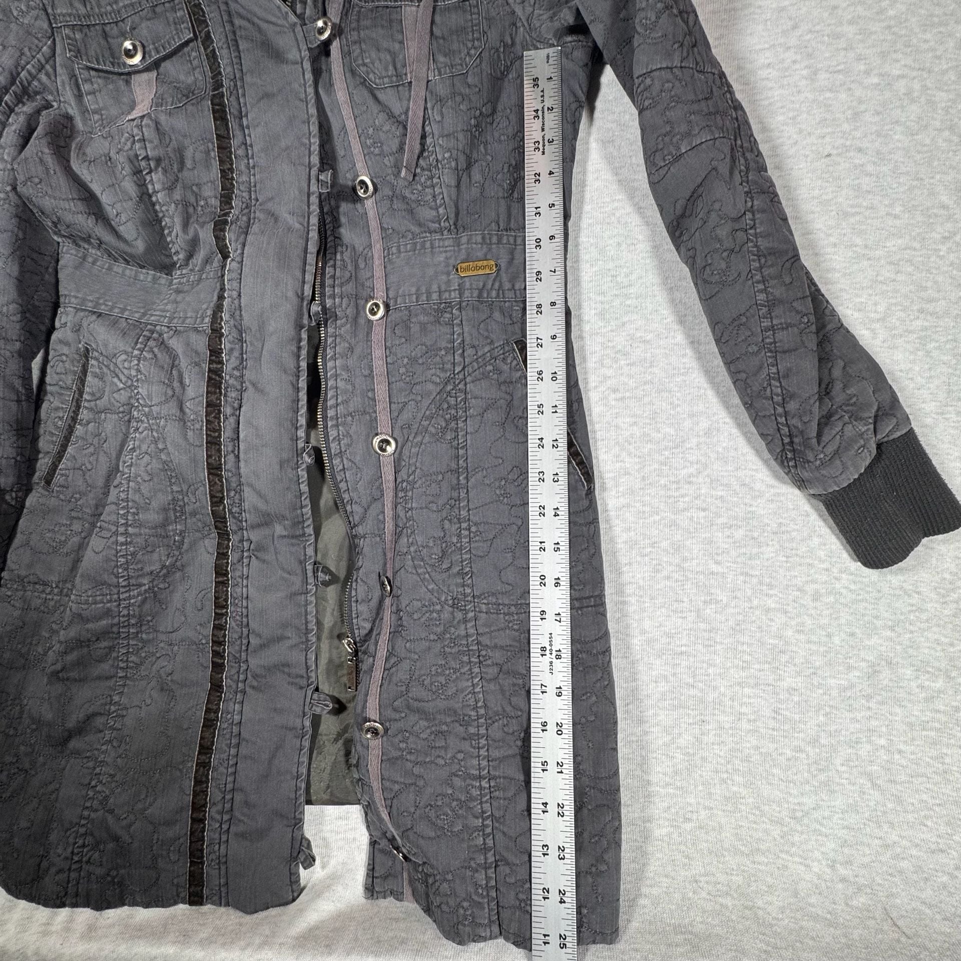 Billabong Quilted Hooded Parka Jacket Size M Gray Faux Fur Trim 5