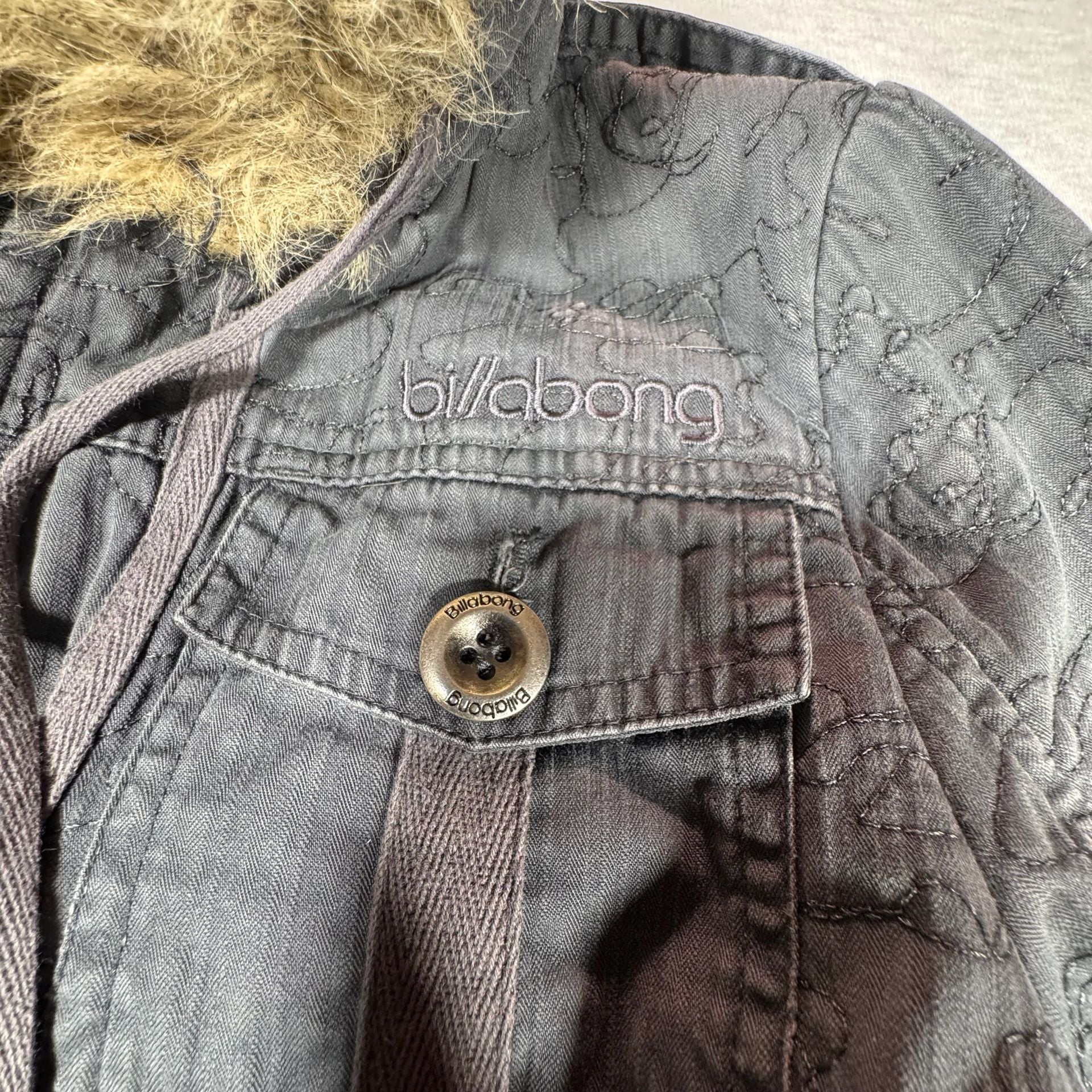 Billabong Quilted Hooded Parka Jacket Size M Gray Faux Fur Trim 8