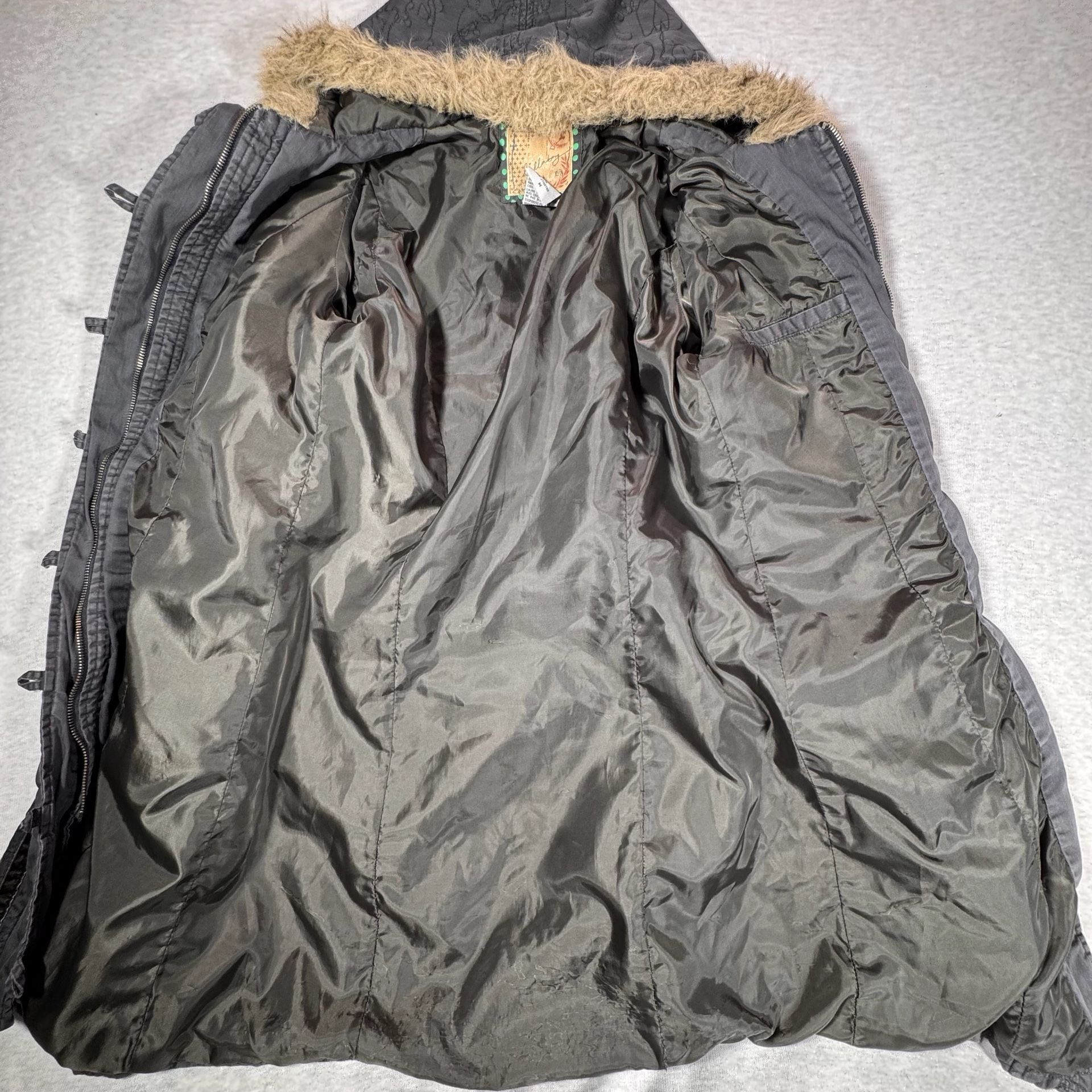 Billabong Quilted Hooded Parka Jacket Size M Gray Faux Fur Trim 9