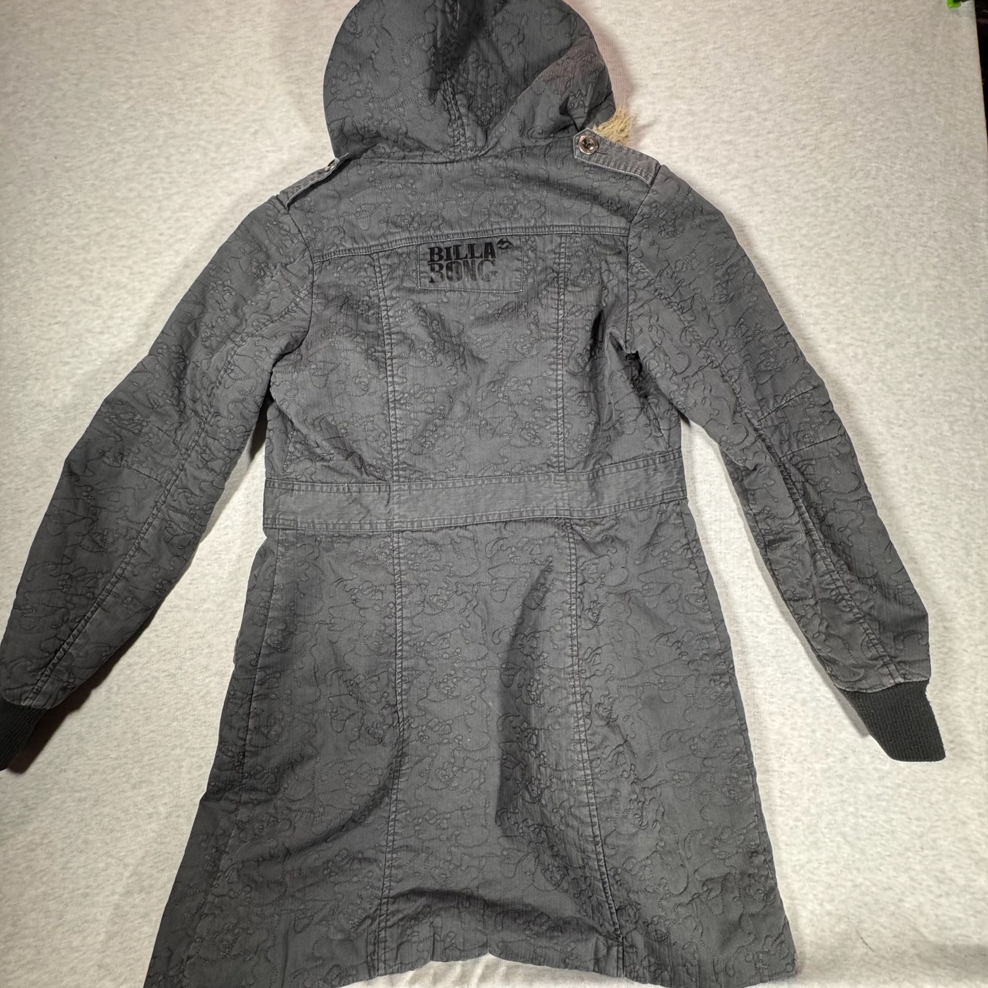 Billabong Quilted Hooded Parka Jacket Size M Gray Faux Fur Trim 10