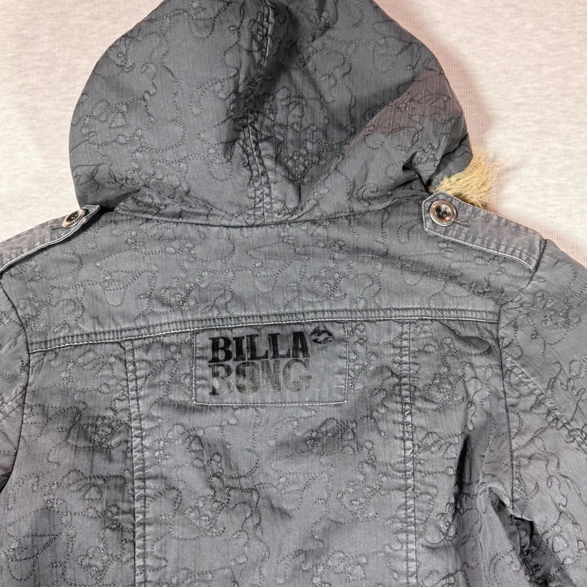 Billabong Quilted Hooded Parka Jacket Size M Gray Faux Fur Trim 11