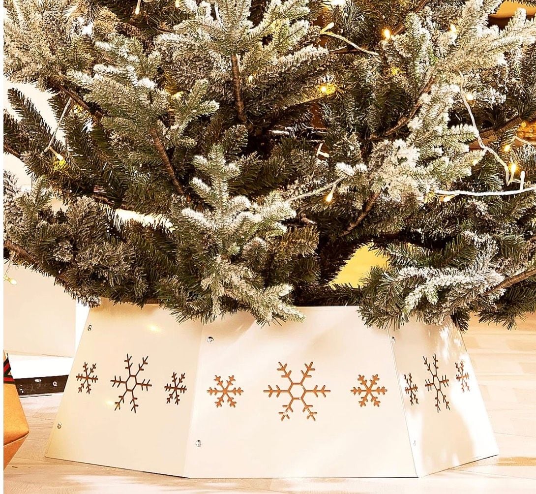HarcoHome Metal Christmas Tree Collar with 3D Snowflake Authentic, Hexagon Heavy-Duty Iron Tree Base Cover for Pencil Tree, Tree Ring, Tree Skirt for Xmas Decor (Cream with Gold Flakes) : Home 1