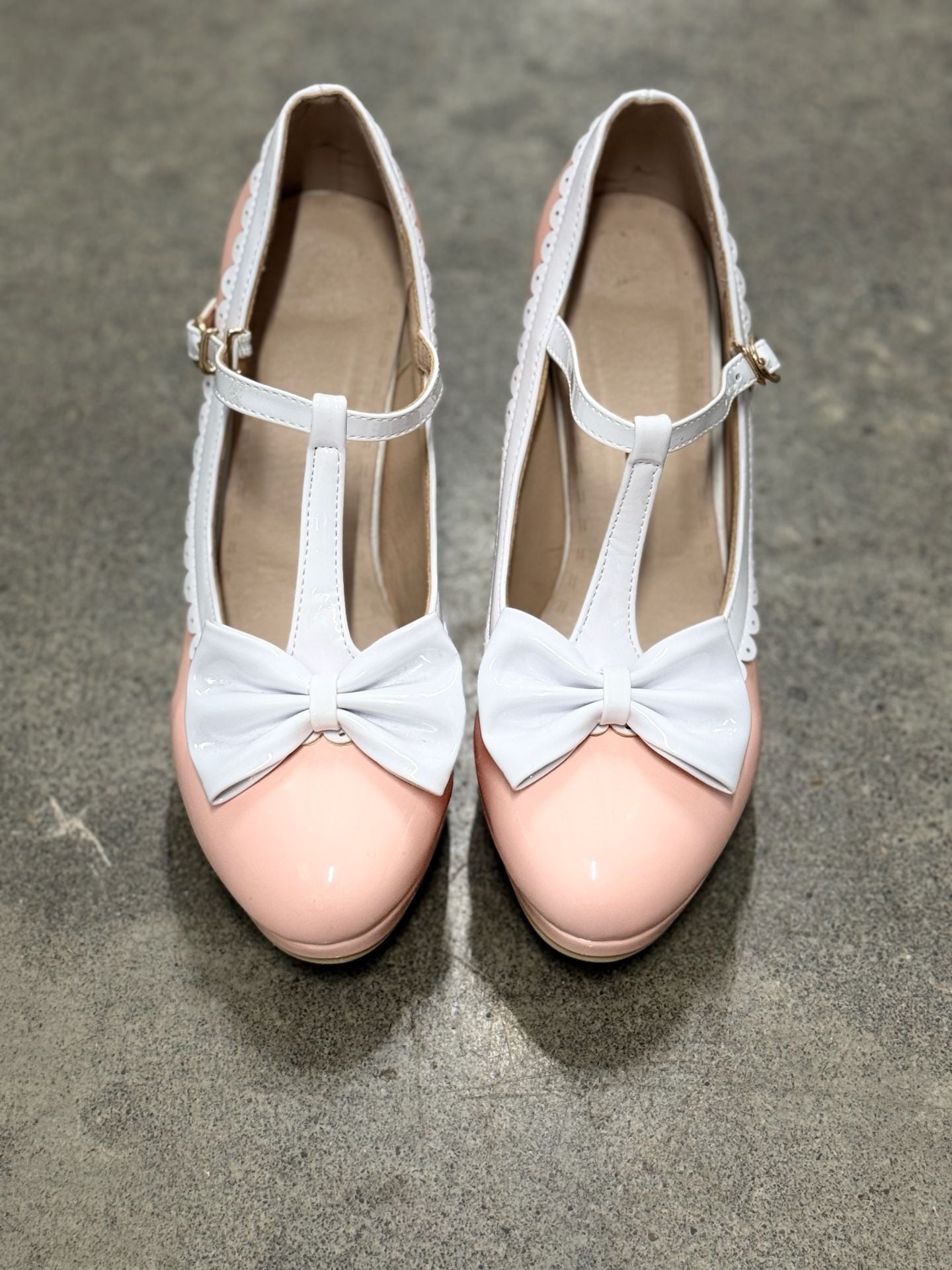 Pink And White Bow T-Strap Mary Jane Heels 2