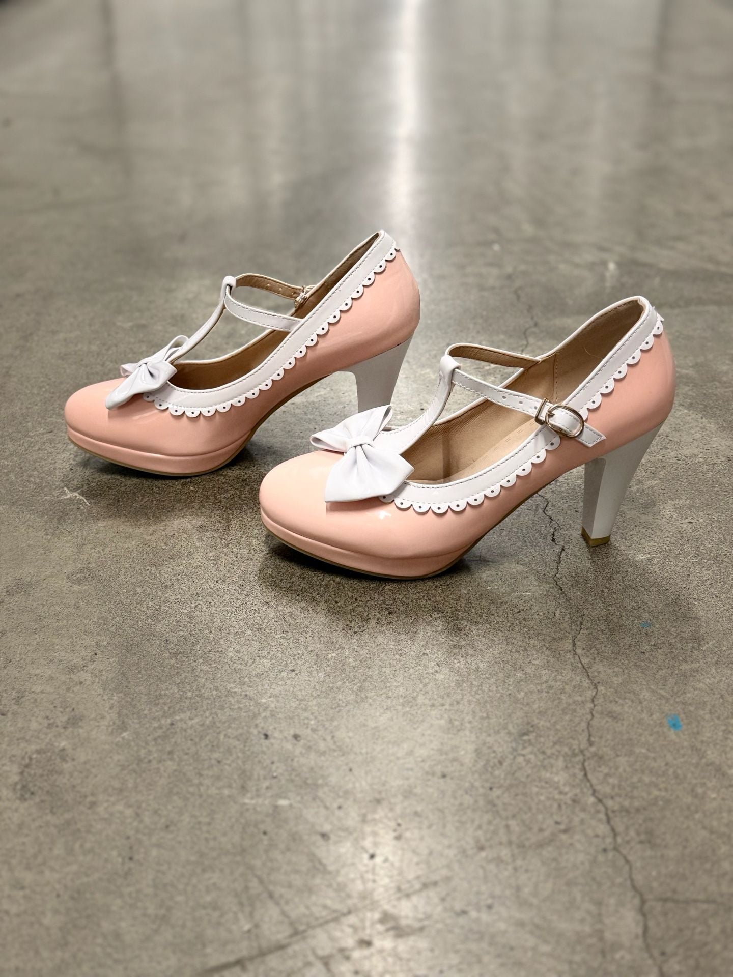 Pink And White Bow T-Strap Mary Jane Heels 3