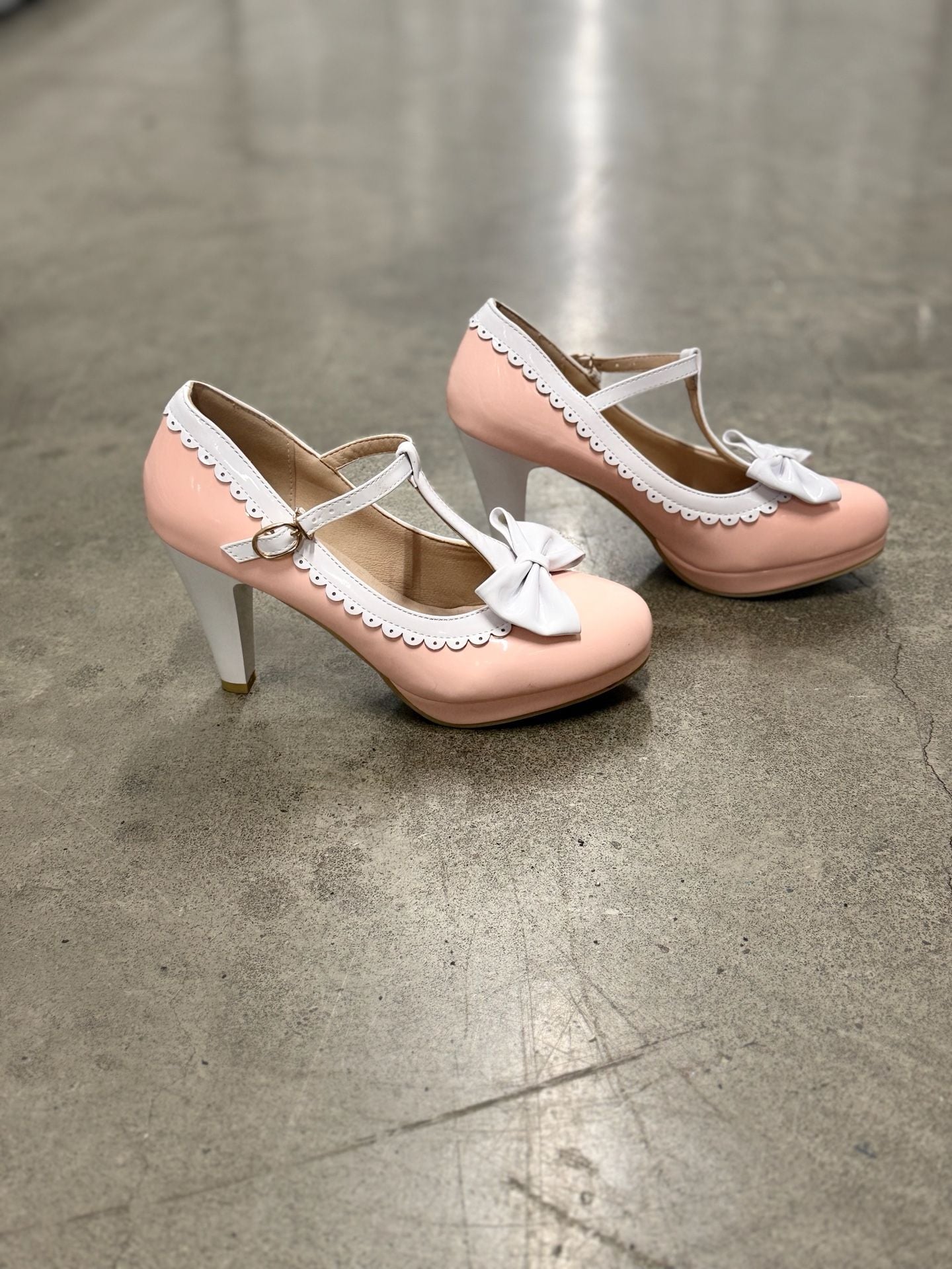 Pink And White Bow T-Strap Mary Jane Heels 4