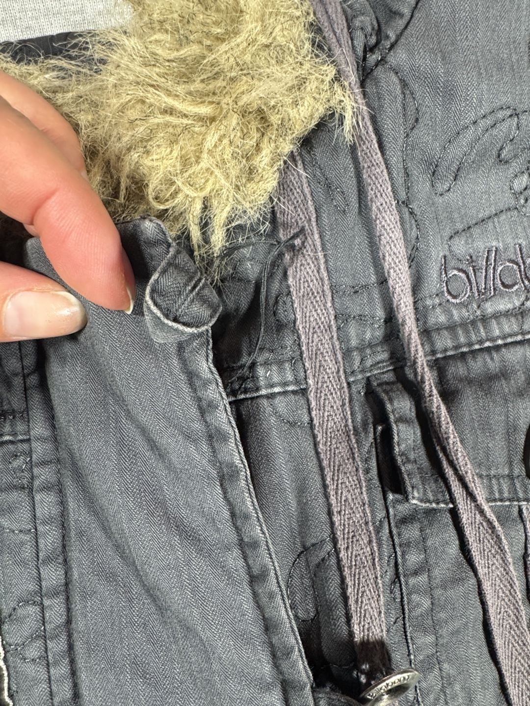 Billabong Quilted Hooded Parka Jacket Size M Gray Faux Fur Trim 12