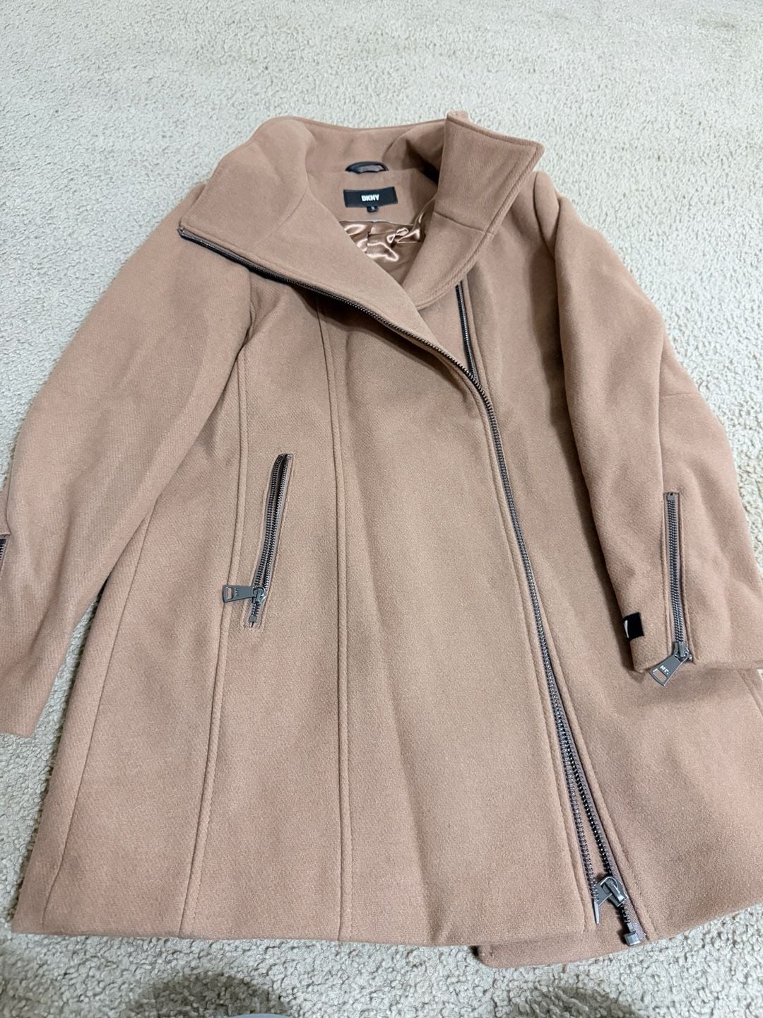 DKNY Asymmetrical Zip Coat Size M Camel 2