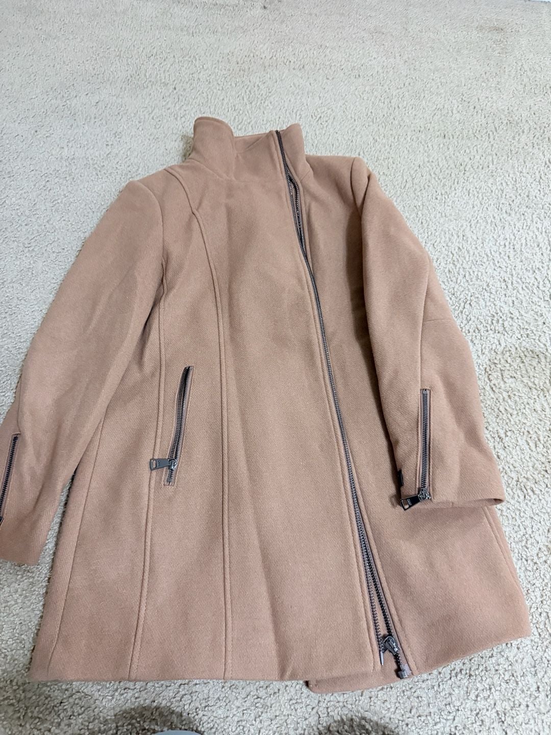 DKNY Asymmetrical Zip Coat Size M Camel 4