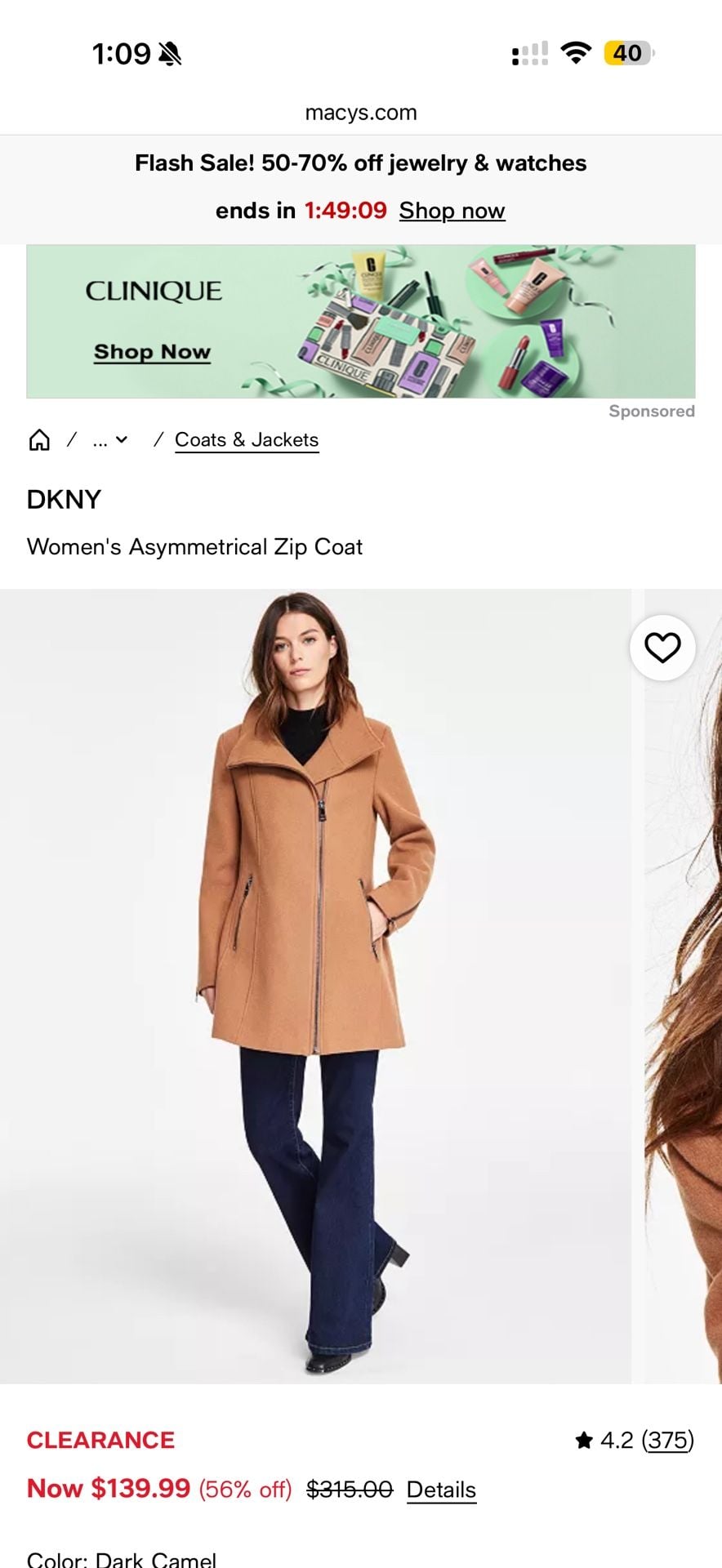 DKNY Asymmetrical Zip Coat Size M Camel 5