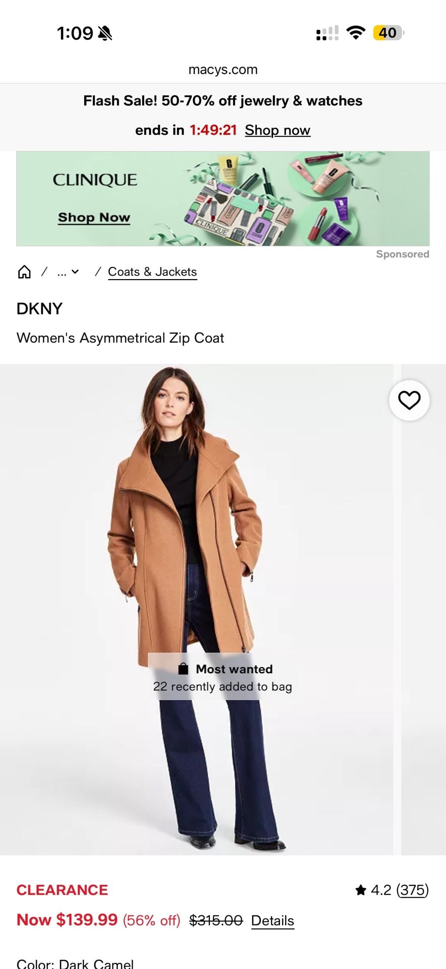 DKNY Asymmetrical Zip Coat Size M Camel 6