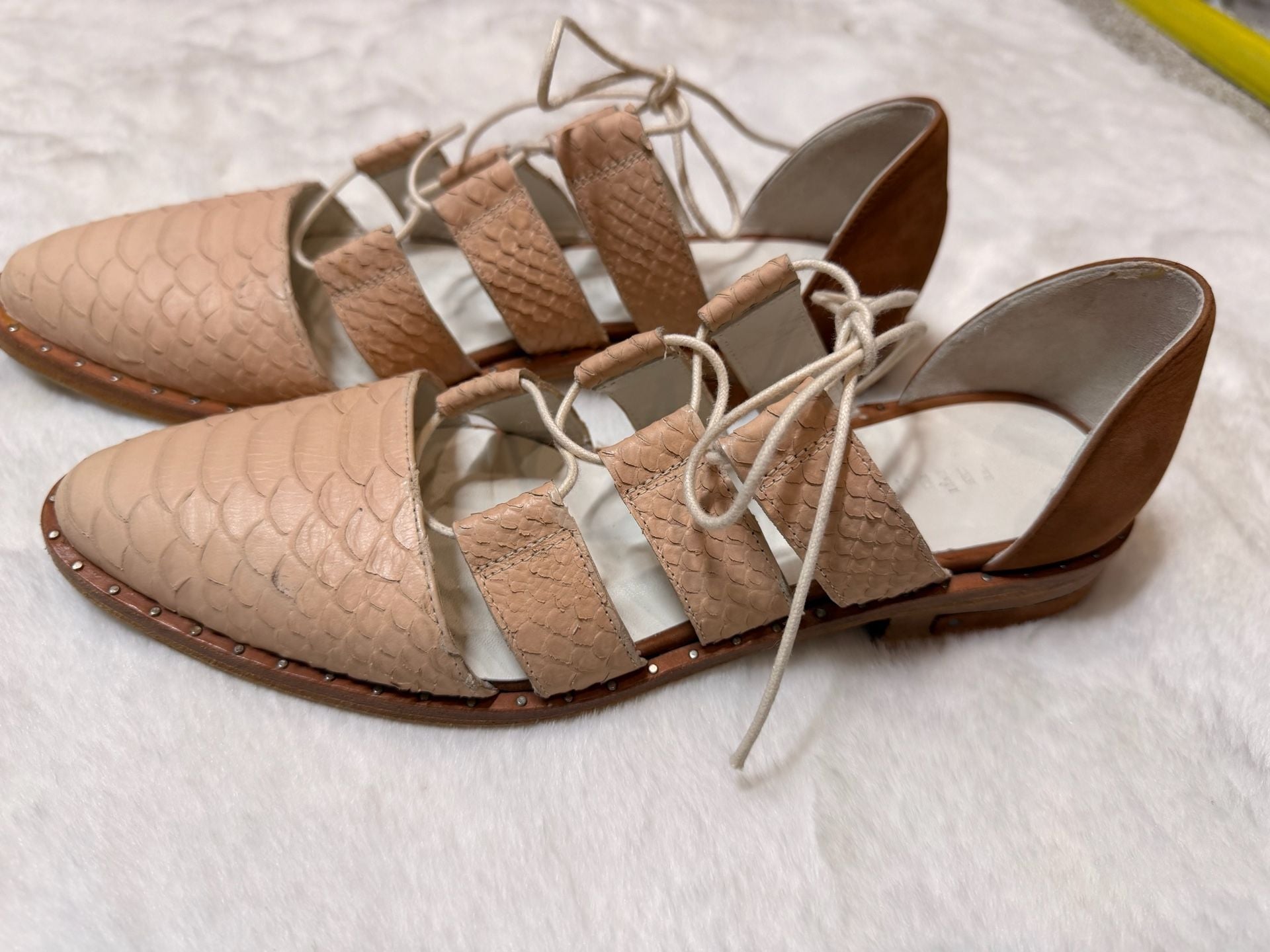 Freda Salvador Lace Up Snake Leather Flats Beige Brown Sandals 3