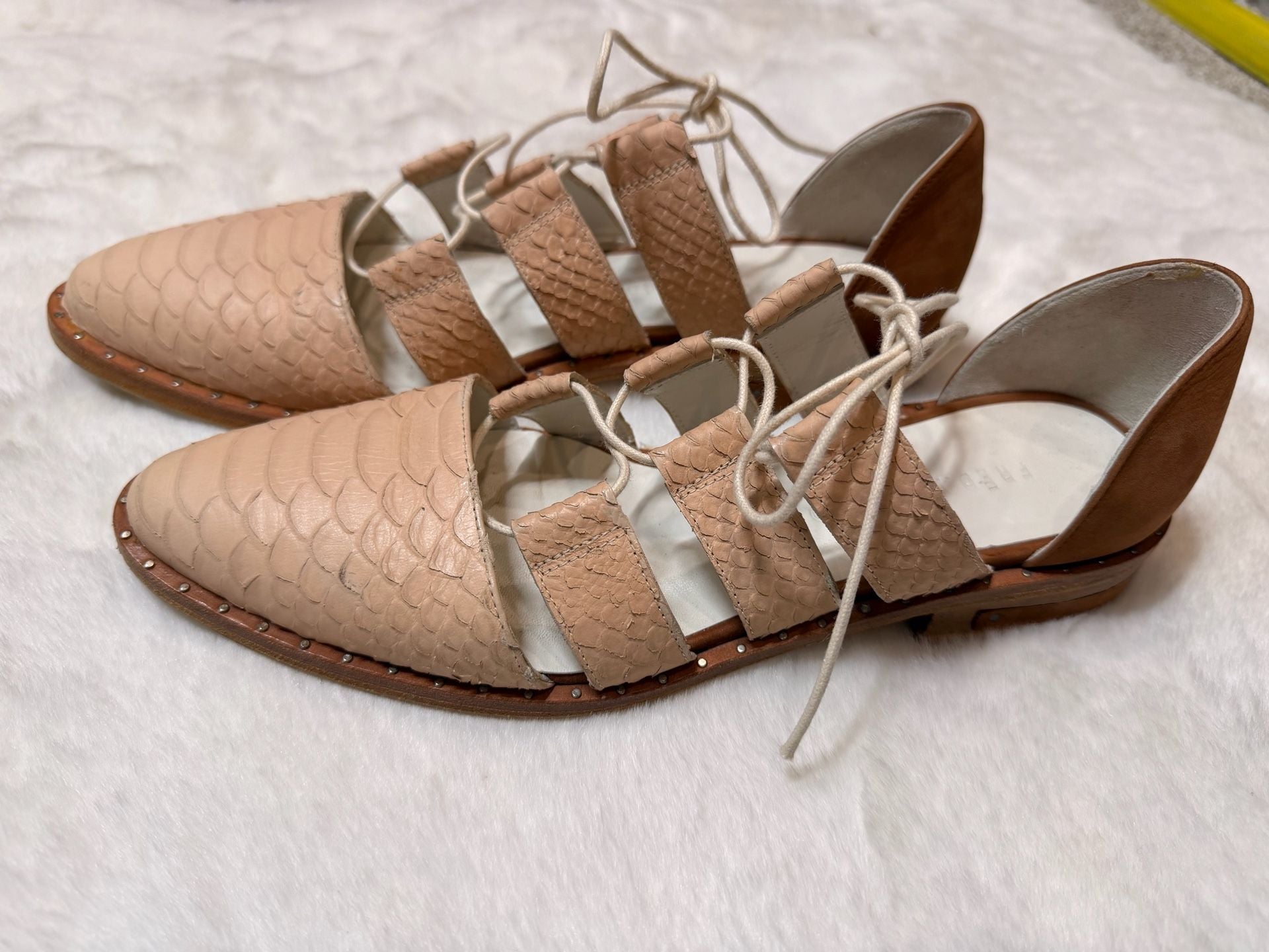 Freda Salvador Lace Up Snake Leather Flats Beige Brown Sandals 4
