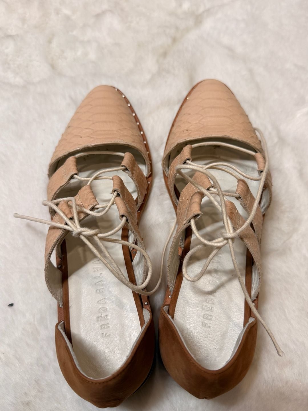Freda Salvador Lace Up Snake Leather Flats Beige Brown Sandals 5
