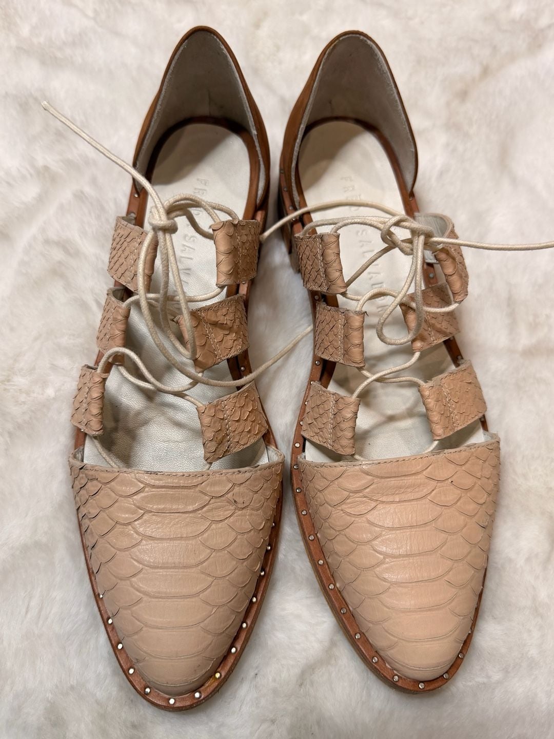 Freda Salvador Lace Up Snake Leather Flats Beige Brown Sandals 11