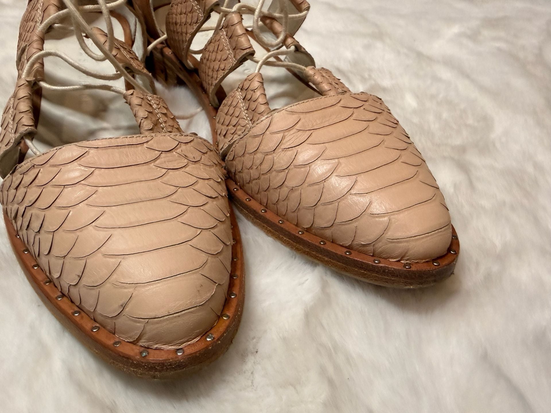 Freda Salvador Lace Up Snake Leather Flats Beige Brown Sandals 12