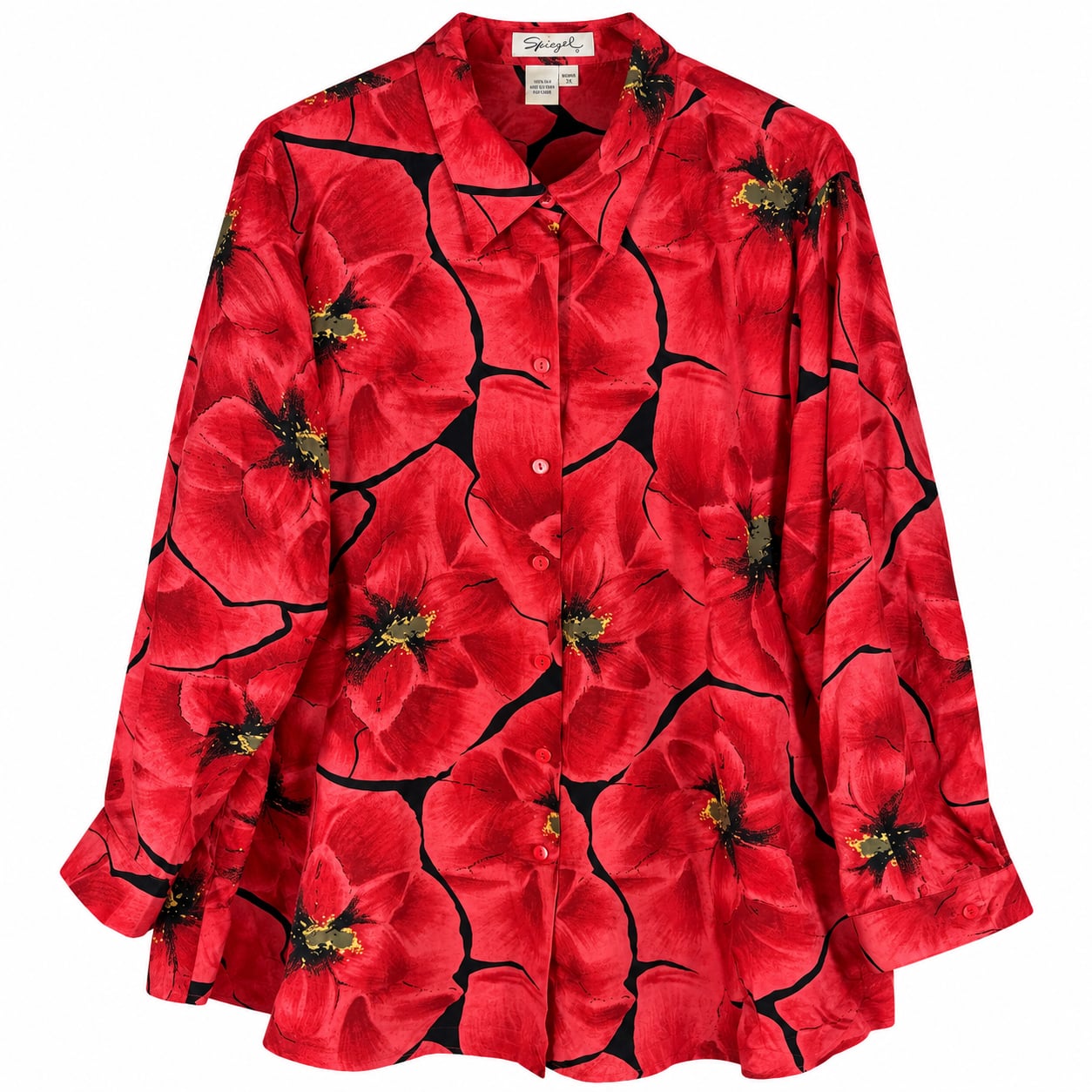 Vintage Silk Spiegel Floral Button-Up Blouse Size 3X Red Black Poppy 2