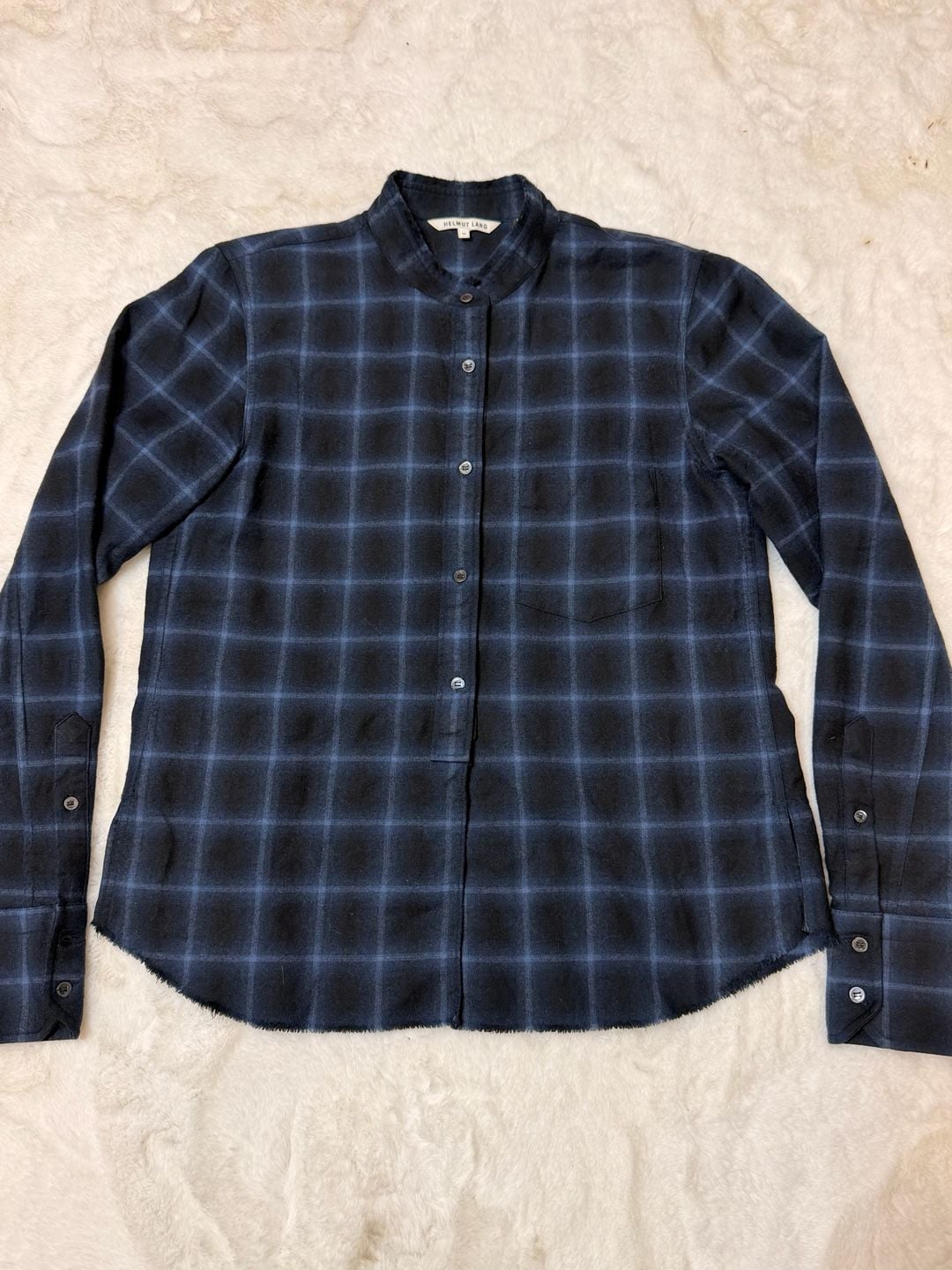 Helmut Lang Plaid Wool Cashmere Button Up Size M Blue Black Long Sleeve Top 3