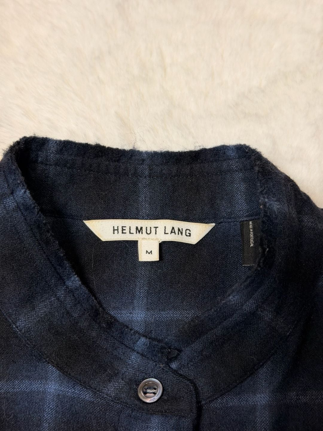 Helmut Lang Plaid Wool Cashmere Button Up Size M Blue Black Long Sleeve Top 4