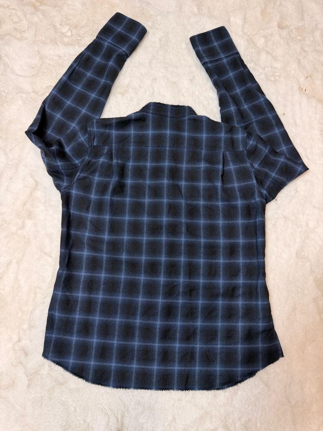 Helmut Lang Plaid Wool Cashmere Button Up Size M Blue Black Long Sleeve Top 7