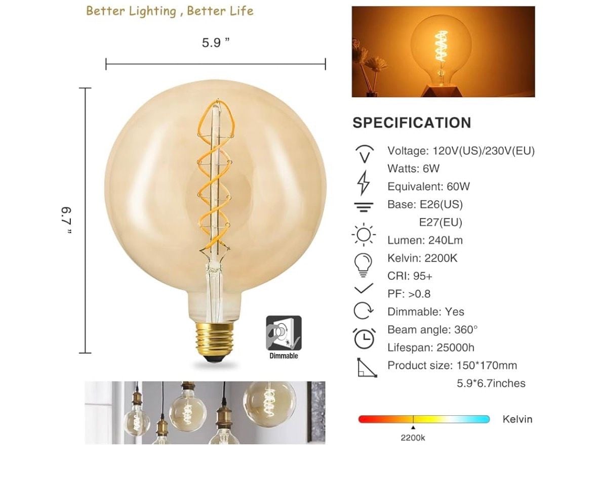 Beilf Vintage Oversized Globe Edison Bulb E26, Dimmable 6W, Amber Glass, Warm White 2200K, Non Flicker, CRI90, 60 Watt Equivalent Large Decorative Light Bulb - 2
